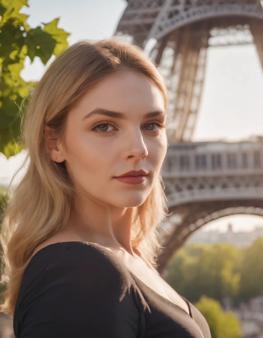 femme (femelle) Attractive near the Eiffel Tower, cheveux blond, Pose attrayante, Sun behind, Vue attrayante,Prise de vue moyenne