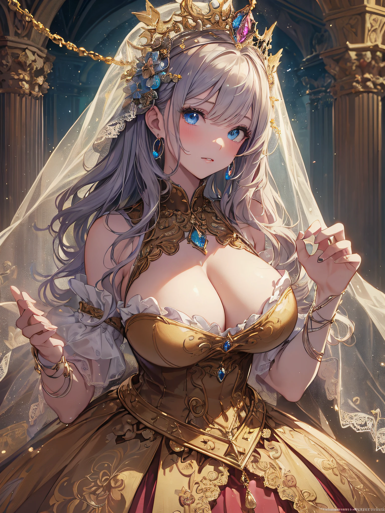 ((anime artstyle)),(Masterpiece),(Best Quality), (Super Detail),((Very Delicate and Beautiful)),cinematic lighting,1 girl,(((full body portrait))),standing in palace,((solo)),digital art,(((1 princess in gorgeous princess rococo ballgown with voluminous full length hoop skirt))),crinoline,long train,((beautiful embroidery and jeweled)),voluminous frills,See-through,(gorgeous embroidery and beautiful lace),(((gigantic tits,very huge tits,Long tits,skindentation))),((large amount of straight hair,extremely voluminous Hair,Very Long Straight Hair)),((finely detailed face and eyes)),clear pupil,extremely gorgeousfull hair ornament,(bling-bling jeweled extremely gorgeousfull tiara),(bling-bling gorgeous gemstone jewelry),long veil,(beautiful background),full body,((gorgeous princess rococo ballgown with voluminous full length hoop skirt))