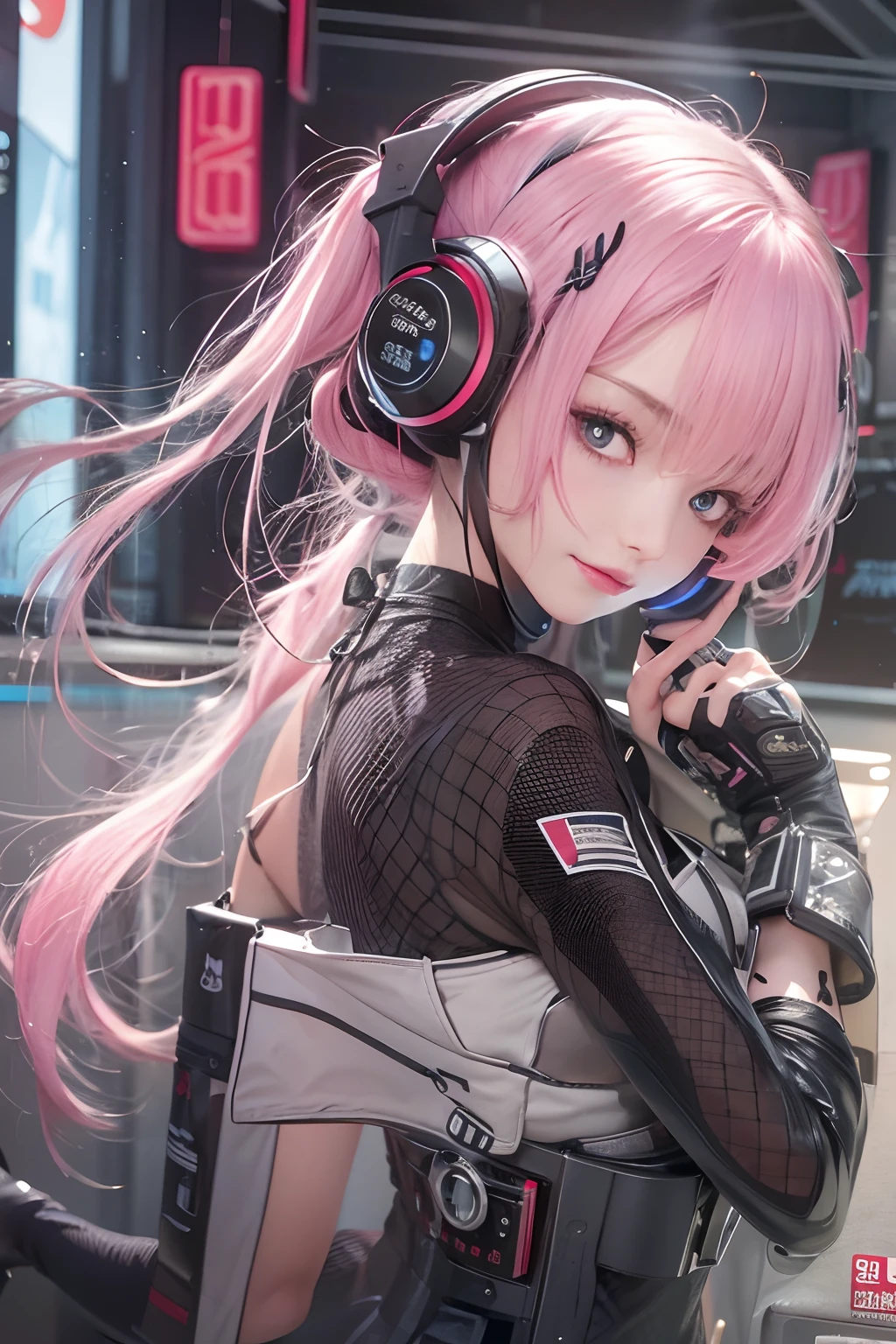 masterpiece, 1 beautiful girl, Detailed eye, Swollen eyes, top-quality, 超A high resolution, 电影灯光, japanes, a asian beauty, very extremely beautiful, Beautiful skins, A slender, Forward-facing body, gazing at viewer、(animesque), (hight resolution), , (ighly detailed), ( Best Illustration), (beautifully detailed eyes), (ultra-detailliert), 详细的脸, Bright lighting, Professional Lighting、The background is a cyberpunk room with many monitors............、Hair color is pink twin tails、、headset on head、Moles under the eyes、Plump and glossy lips、Heart-shaped choker、Female Game Commentator、animesque