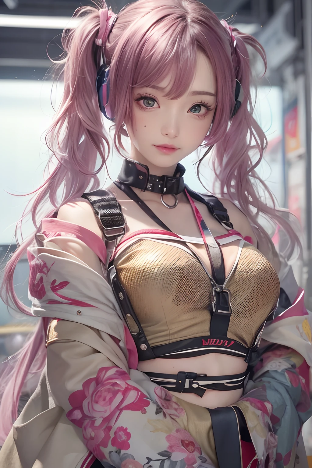 ​masterpiece, 1 beautiful girl, Detailed eye, Swollen eyes, top-quality, 超A high resolution, 电影灯光, japanes, a asian beauty, very extremely beautiful, Beautiful skins, A slender, Forward-facing body, gazing at viewer、(animesque), (hight resolution), , (ighly detailed), ( Best Illustration), (beautifully detailed eyes), (ultra-detailliert), 详细的脸, Bright lighting, Professional Lighting、The background is a cyberpunk room with many monitors............、Hair color is pink twin tails、、headset on head、Moles under the eyes、Plump and glossy lips、Heart-shaped choker、Female Game Commentator、animesque