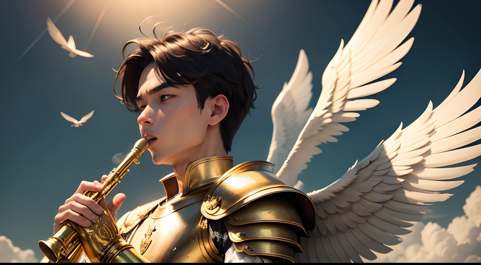 an angel wearing golden armor flying in the skies as he blows his trumpet
