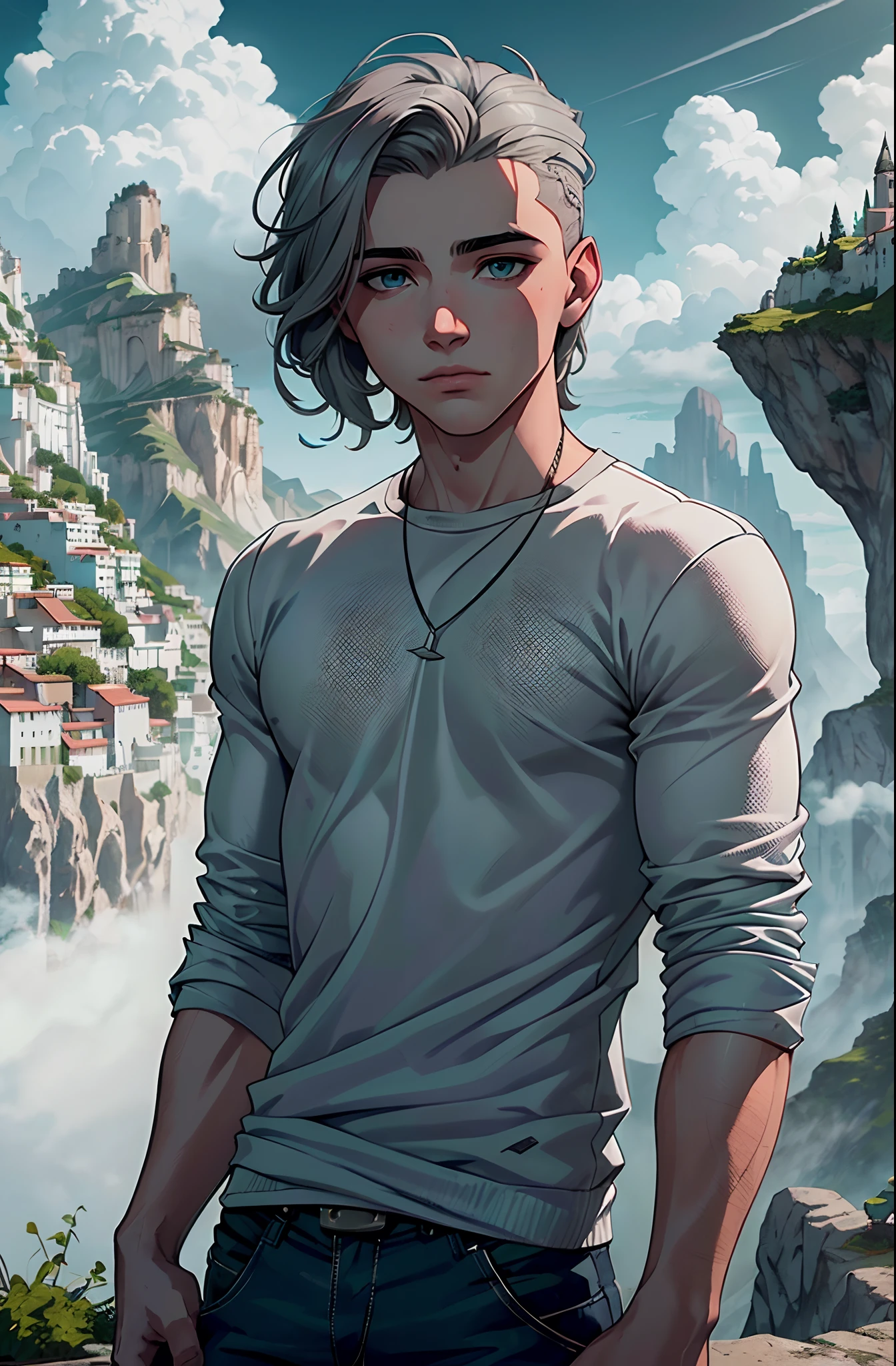 (Un joven con cabello gris plateado, Los ojos grises en el fondo parecen un pueblo, and the green mist of the mountains and clouds come down from the beautiful teenage sky) viste de azul es masculino  con cabello color plateado ojos grises