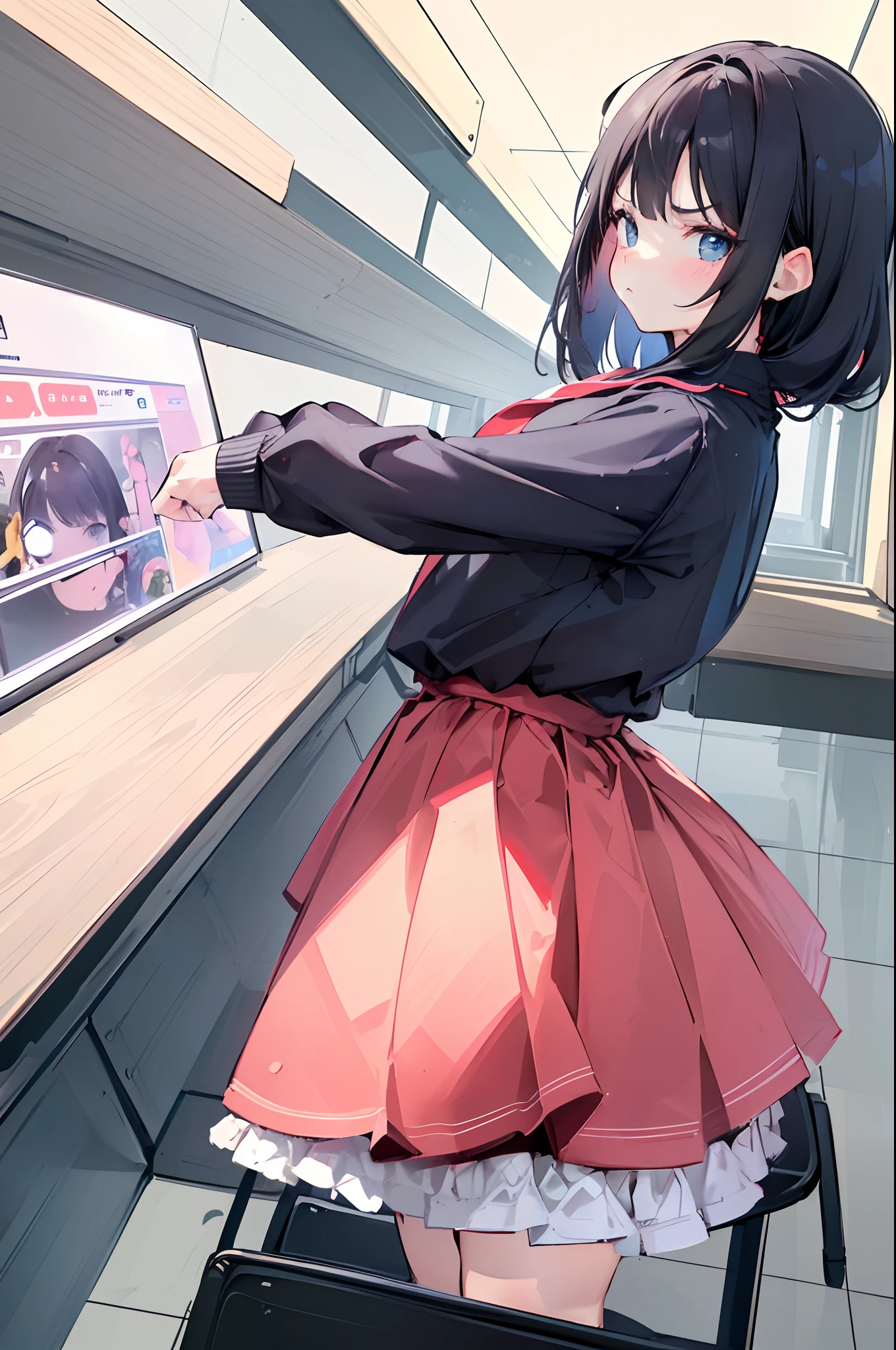 One girl is angry with her cheeks inflated, expression with her cheeks inflated, (angling her cheeks and angry), frowning, ((from the side diagonally)), putting her hands on her waist, bending forward, (upper look:1.2), cute, (with a desk background in the classroom:1.2), colorful, super detailed, high image quality, [[[[multiple arms]]]]