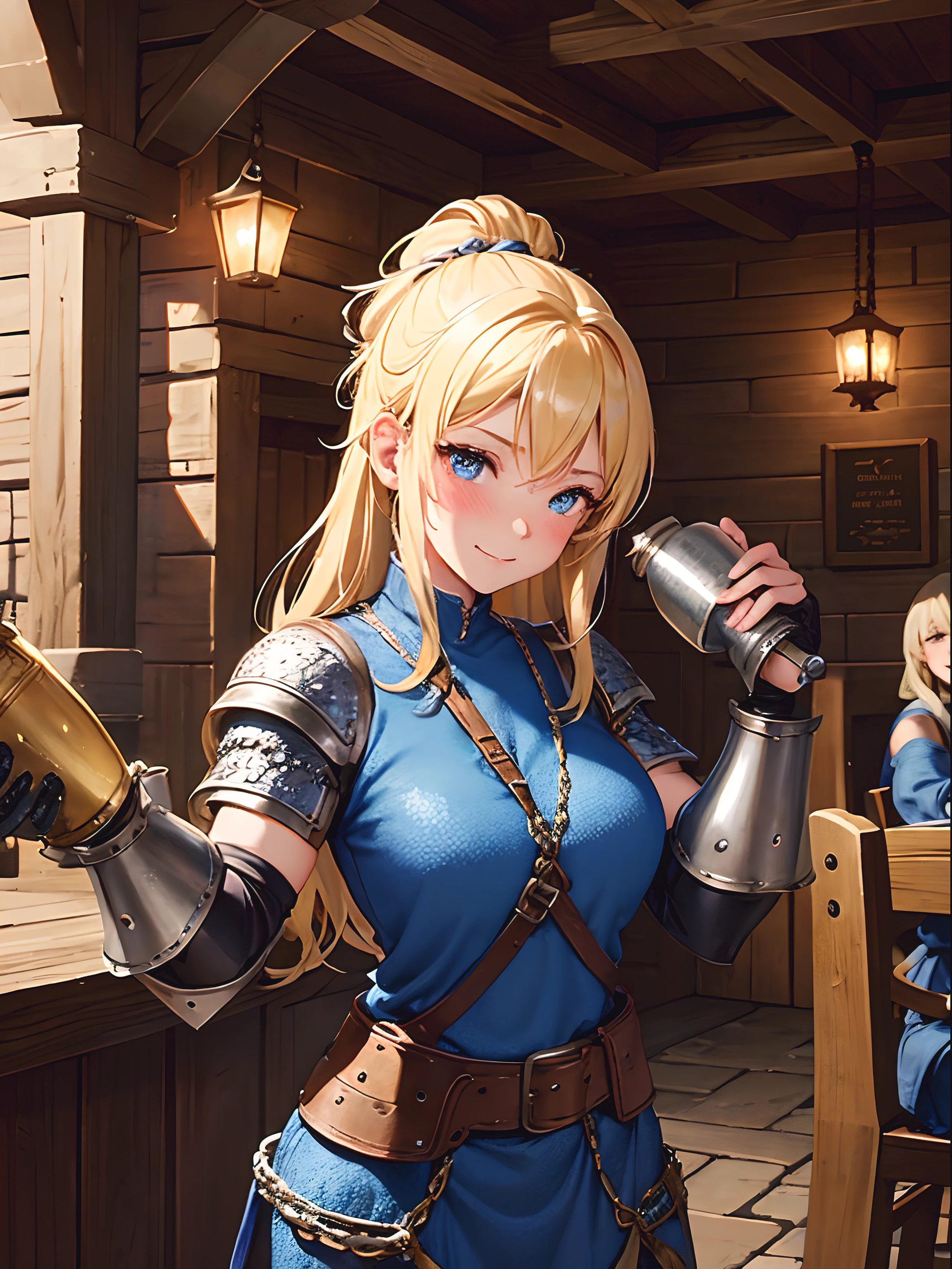 Close up, fantasy world, medieval tavern, adult woman, happy expression, drunk, blush, holding tankard, blonde hair tied back, muscular, chainmail, baggy blue clothing, medieval armour, leather elbow guards, leather