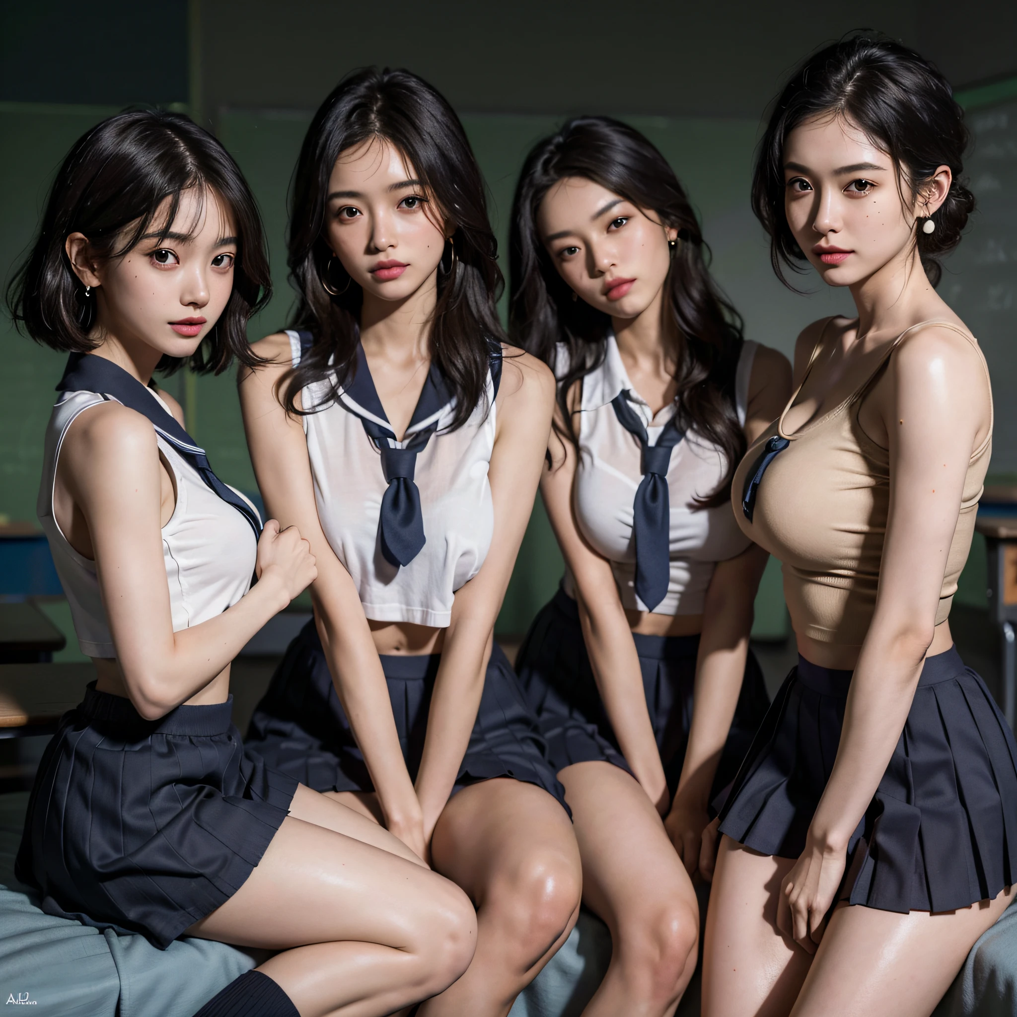 absurdres, RAW photo, extremely delicate and beautiful, masterpiece, Best Quality, ultra high resolution, 16k, hyperrealistic, ultra-detailed, Very detailed CG 8k wallpaper, Beautiful Lighting, Perfect Lightning, Realistic Shadows, perfect anatomy, super Detailed skin, perfect figure, Japanese woman, late 20s, very Slim body, narrow waist, very small head, handsome detailed woman, very detailed eyes and face, realistic face proportions, Stunning detailed eyes, Realistic beautiful face, very small face, Realistic small beautiful eyes, double eyelids, makeup, tearful mole, mole on chest, earring, bare legs, beautiful and very thin legs, beautiful and very thin thighs, (very huge round breasts:1.3), short hair, wavy hair, sweat, (full body shot), sleeveless, bare arms, bare legs, tight-fitting, midriff peek, cleavage, Fine Collarbone, (3 girls:1.5), (school uniform:1.5),