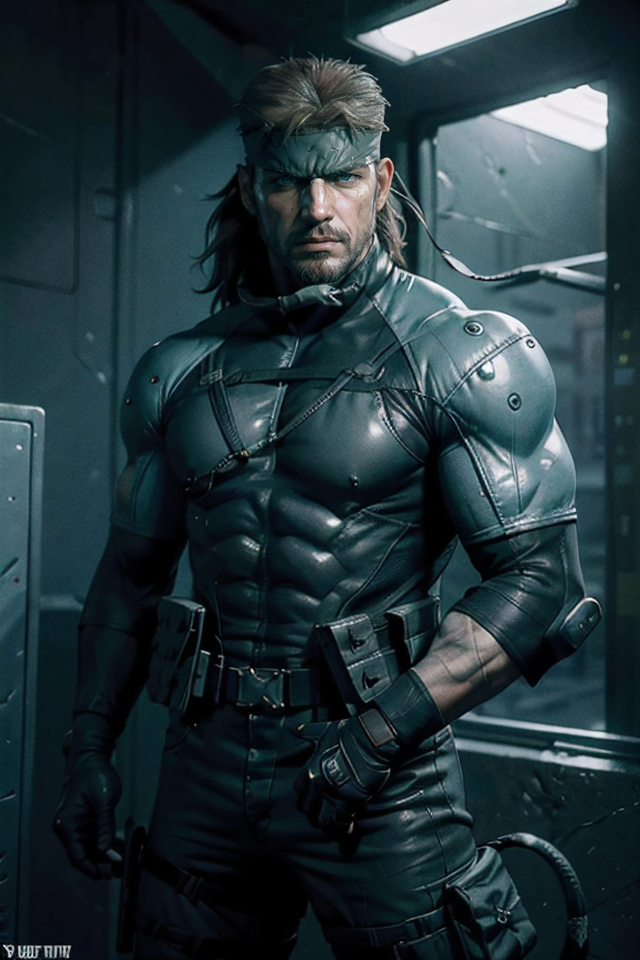 A detailed illustration of Solid Snake from the Metal Gear Solid PSone game series, featuring his characteristic mullet hairstyle, foulard, et costume furtif. The image should be created using a combination of 3D rendering and digital painting to achieve a realistic and highly detailed appearance... The work must be of the best quality, With a resolution of 4K or higher, capture the essence of Snake's iconic appearance. The color palette should consist of muted earth tones, reflecting the stealthy and military aesthetic of the series. Lighting should be dramatic and moody, with strong contrasts and a focus on showcasing Snake's characteristics. Additional details to include are the weathered textures on Snake's costume., Intricate details on his face, like his piercing blue eyes and scruffy beard, and the inclusion of its weapon of trust, le pistolet silencieux SOCOM. The overall composition of the artwork should convey a sense of tension and stealth, capture Snake's iconic stealth action character.