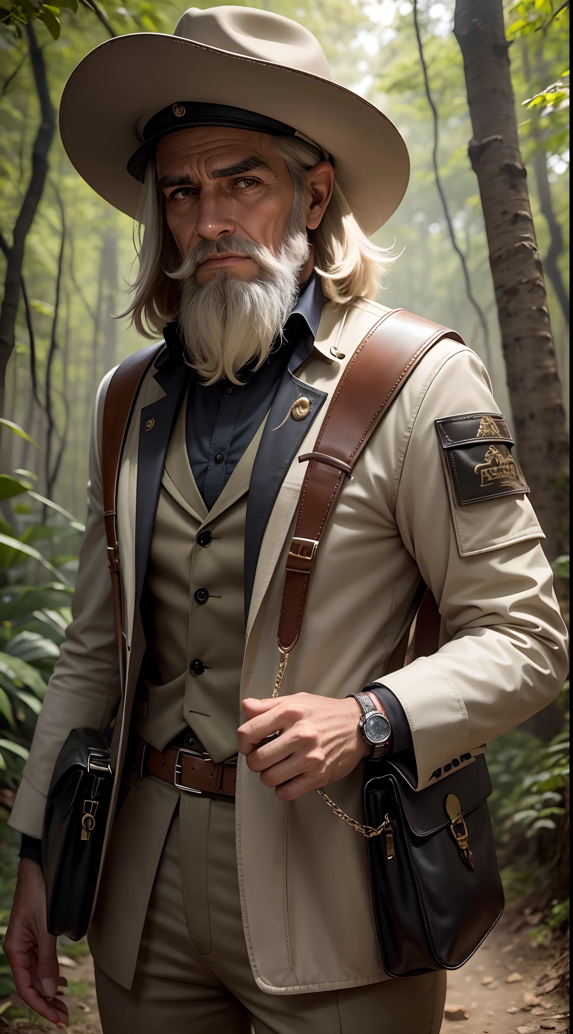 Homem Velho na floresta,rosto do velho,archaeological researcher,Rosto realista,detailed facial features,olhos escuros,longa barba branca,used explorer hat,pele desgastada,Sobrancelhas Grossas,rugas na testa,cabelos grisalhos,jaqueta exploradora bege com muitos bolsos,segurando uma lupa,carregando uma bolsa de couro com ferramentas de pesquisa,