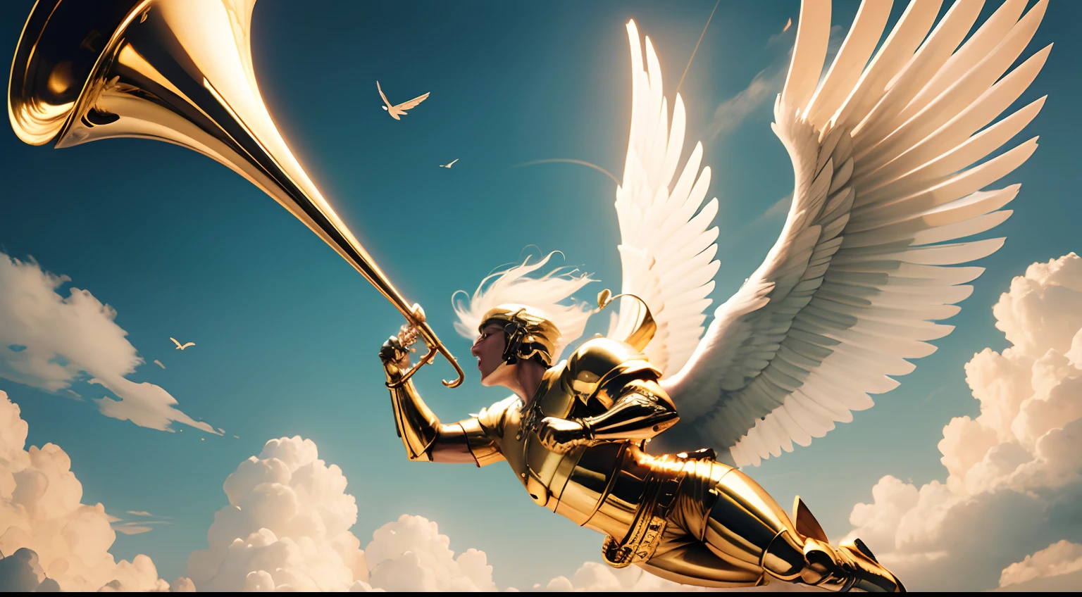 an angel wearing golden armor flying in the skies as he blows his trumpet