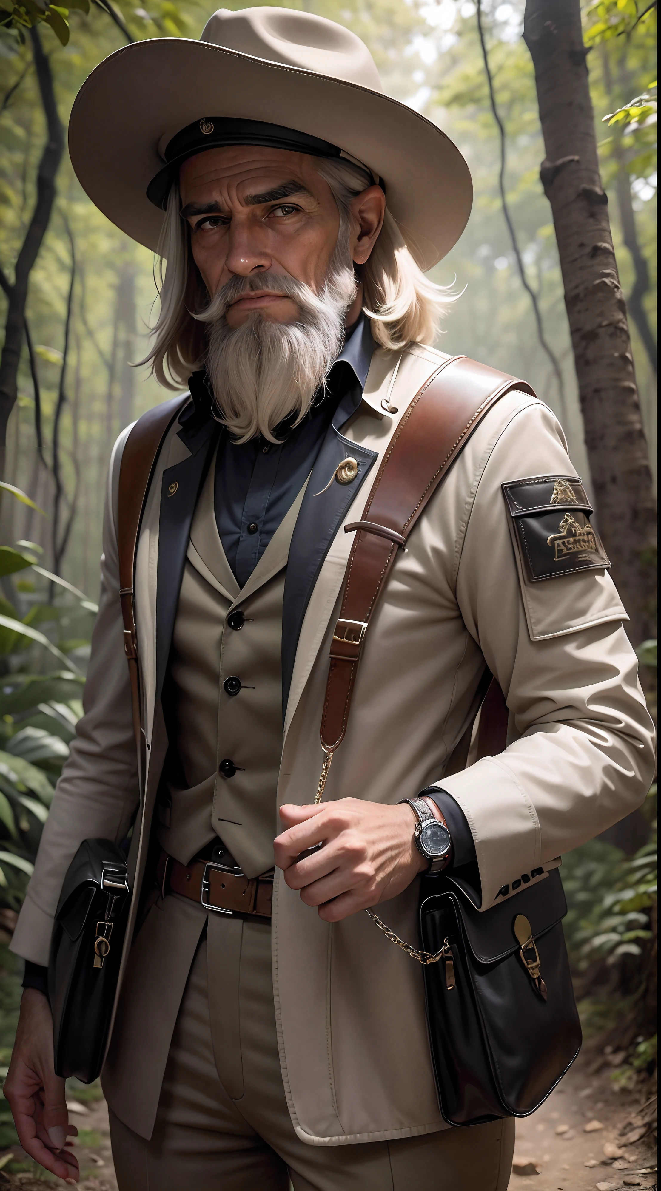Homem Velho na floresta,rosto do velho,archaeological researcher,Rosto realista,detailed facial features,olhos escuros,longa barba branca,used explorer hat,pele desgastada,Sobrancelhas Grossas,rugas na testa,cabelos grisalhos,jaqueta exploradora bege com muitos bolsos,segurando uma lupa,carregando uma bolsa de couro com ferramentas de pesquisa,