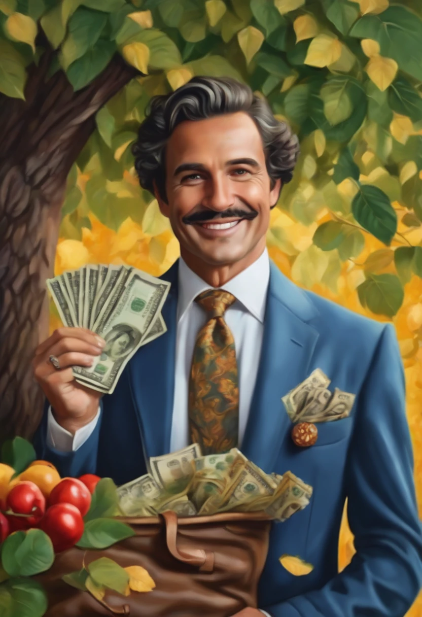 (best quality,4k,8k,highres,masterpiece:1.2),ultra-detailed,(realistic,photorealistic,photo-realistic:1.37),highly detailed man with striking features,man wearing classic suit,man holding a bag filled with money,beautifully textured bag,impressive tree with lush leaves,vibrant colors,picturesque landscape,professional painting techniques,nft art,vintage art,captivating artwork by Harry Beckhoff,delicately crafted details,rich tree symbolizing prosperity and abundance,wealthy man oozing elegance and success,captivating artwork by Romero Britto,unique art style,vivid colors portraying optimism and joy,exquisite portrayal of capitalist ideals