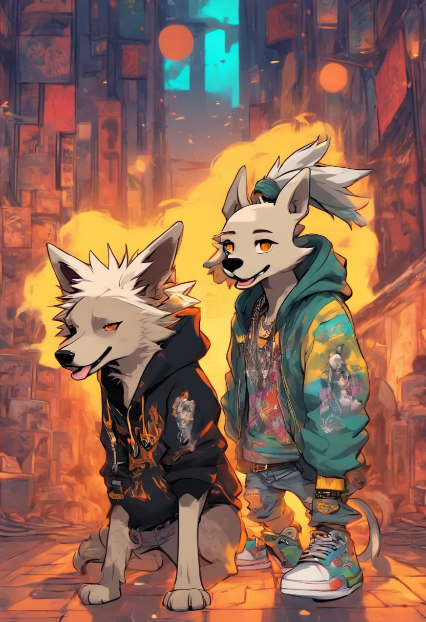 Two cool and trendy dogs talking to each other white hair, Yellow eyes, Wear trendy hip-hop clothes, Wearing a hoodie, Graphic T-shirt and ripped jeans, Lots of tattoos and piercings, Doodle style background, Highly detailed background, perfect masterpiece, High quality, High resolution