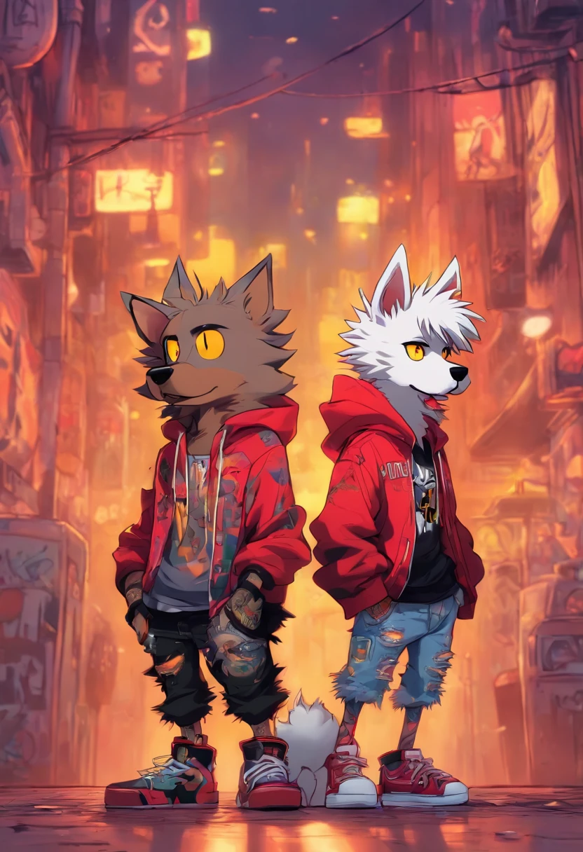 Two cool and trendy dogs talking to each other white hair, Yellow eyes, Wear trendy hip-hop clothes, Wearing a hoodie, Graphic T-shirt and ripped jeans, Lots of tattoos and piercings, Doodle style background, Highly detailed background, perfect masterpiece, High quality, High resolution