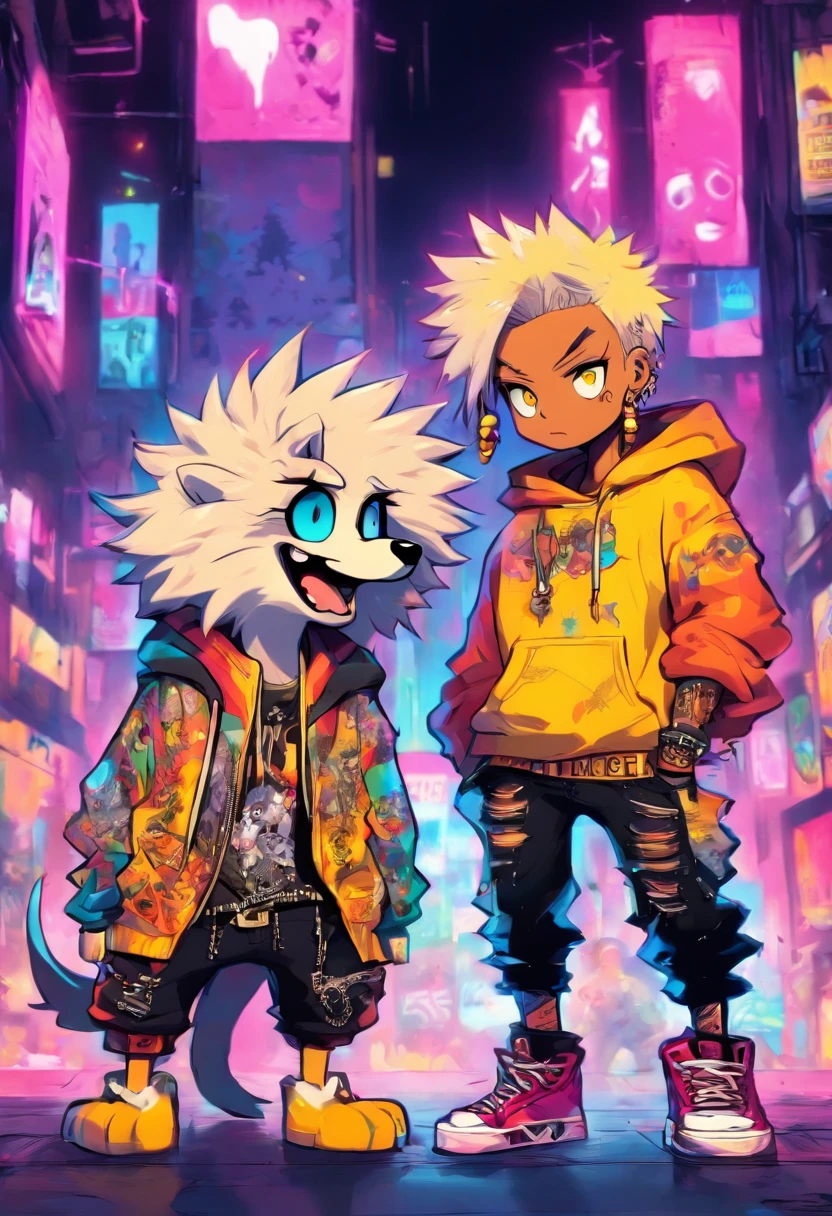 Two cool and trendy dogs talking to each other white hair, Yellow eyes, Wear trendy hip-hop clothes, Wearing a hoodie, Graphic T-shirt and ripped jeans, Lots of tattoos and piercings, Doodle style background, Highly detailed background, perfect masterpiece, High quality, High resolution