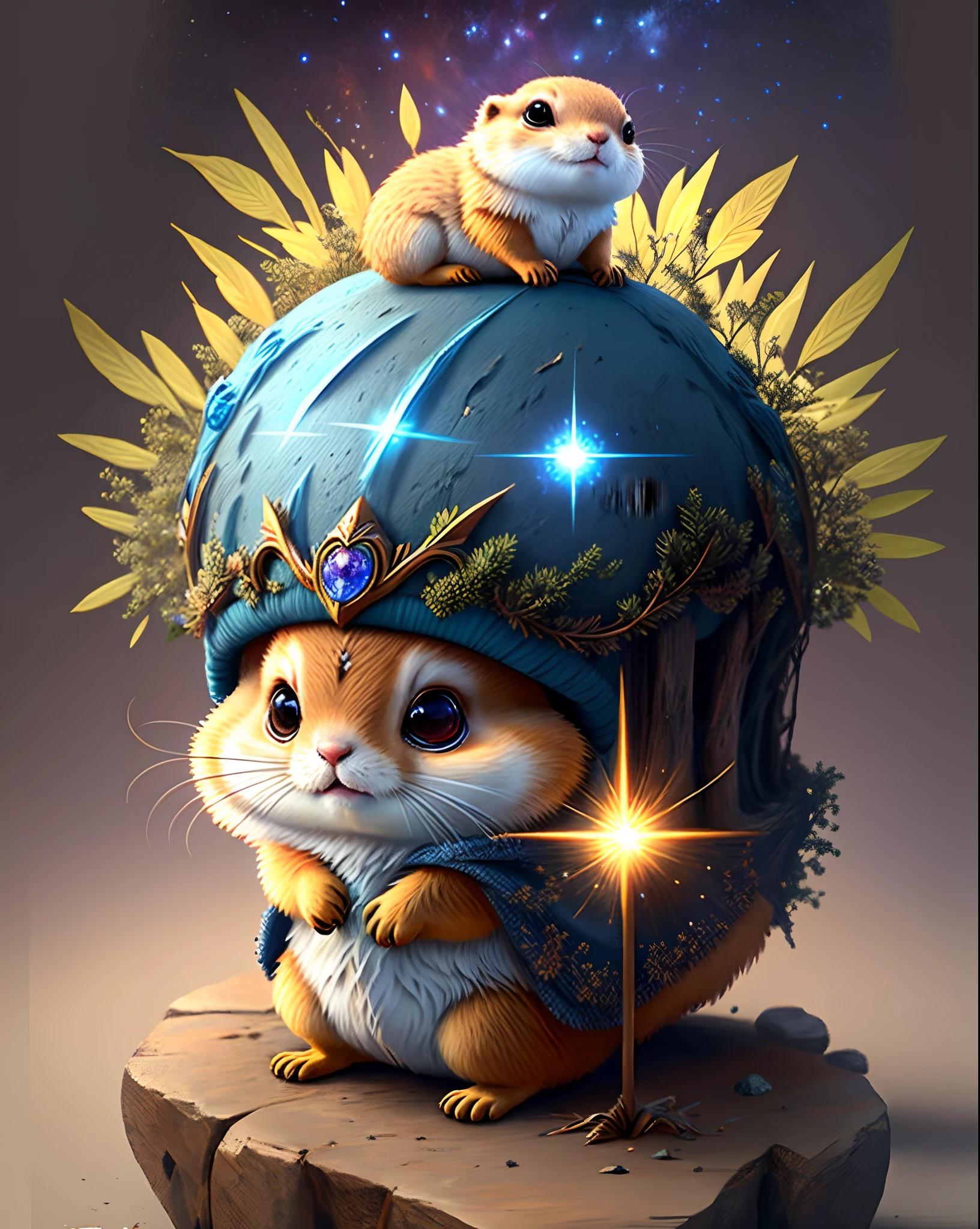 Top image quality、"Create cute creature masterpieces with inspired ultra-detailed concept art. Let your imagination come alive", （prairie dog）, high detailing, in 8K、Top image quality、Dressed as a wizard、Have a magic wand with a big gem、