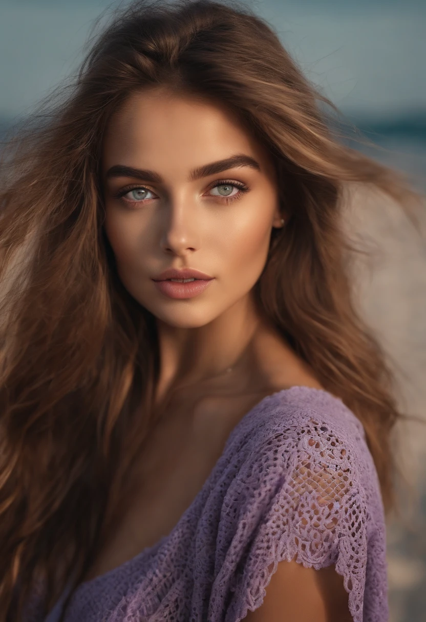 Arafed woman completely , fille sexy aux yeux verts, ultra realist, Meticulously detailed, Portrait Sophie Mudd, cheveux bruns et grands yeux, selfie of a young woman, Yeux de chambre, Violet Myers, sans maquillage, maquillage naturel, looking straight at camera, Visage avec Artgram, Maquillage subtil, Superbe photo du corps entier debout , sur la plage, Buste de grande taille