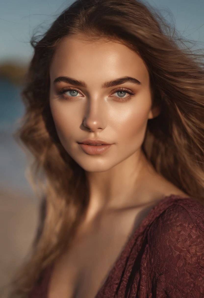 Arafed woman completely , fille sexy aux yeux verts, ultra realist, Meticulously detailed, Portrait Sophie Mudd, cheveux bruns et grands yeux, selfie of a young woman, Yeux de chambre, Violet Myers, sans maquillage, maquillage naturel, looking straight at camera, Visage avec Artgram, Maquillage subtil, Superbe photo du corps entier debout , sur la plage, Buste de grande taille
