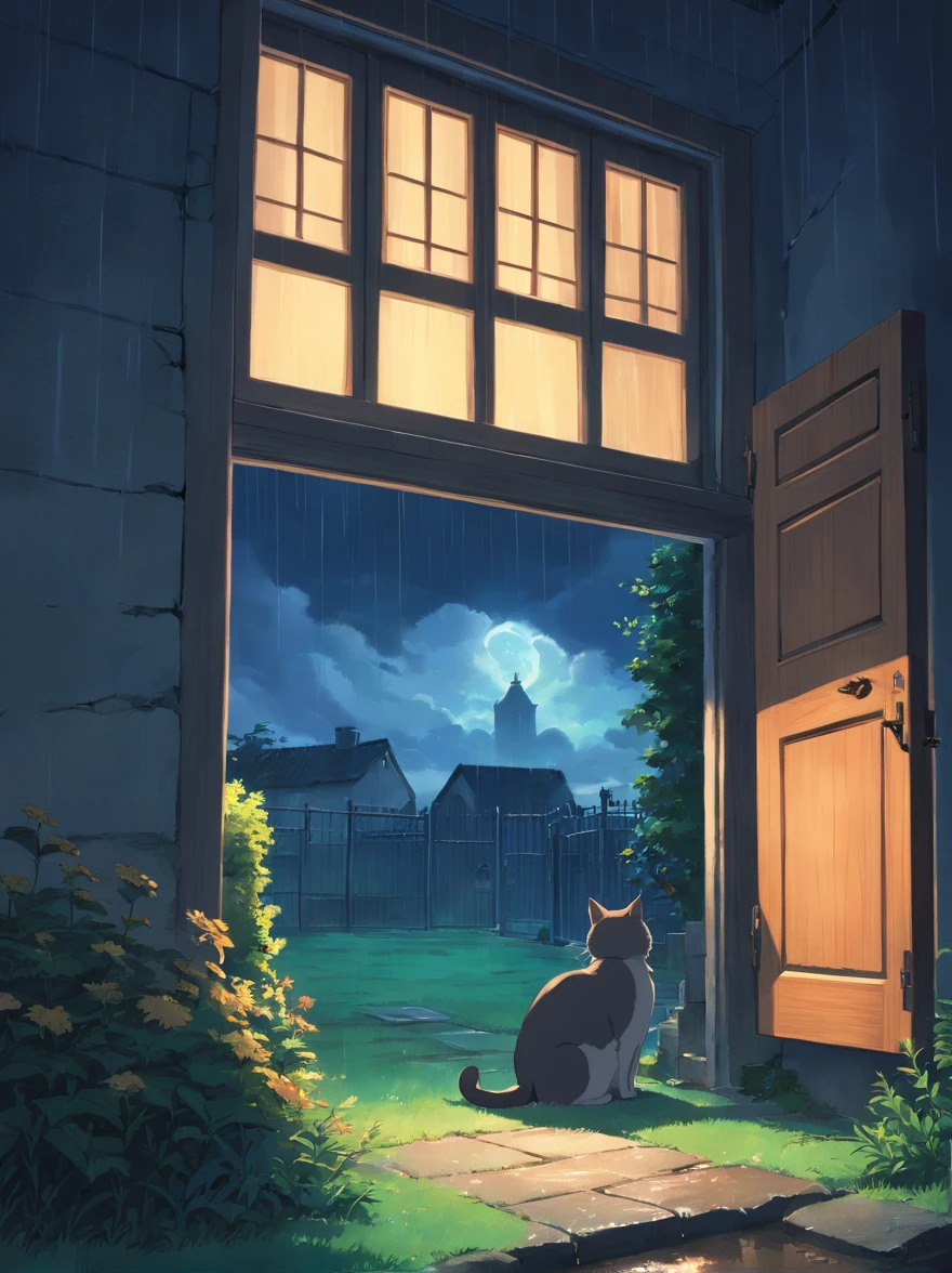no people, no person, no human, inside room, lamp light, window view of graveyard at night, rain, night, cemetery, storm, storming, dramatic clouds, absurdres, high res, ultrasharp, 8K, masterpiece, blurry foreground, cat sitting on window seal, cat staring out window, view of cat from behind