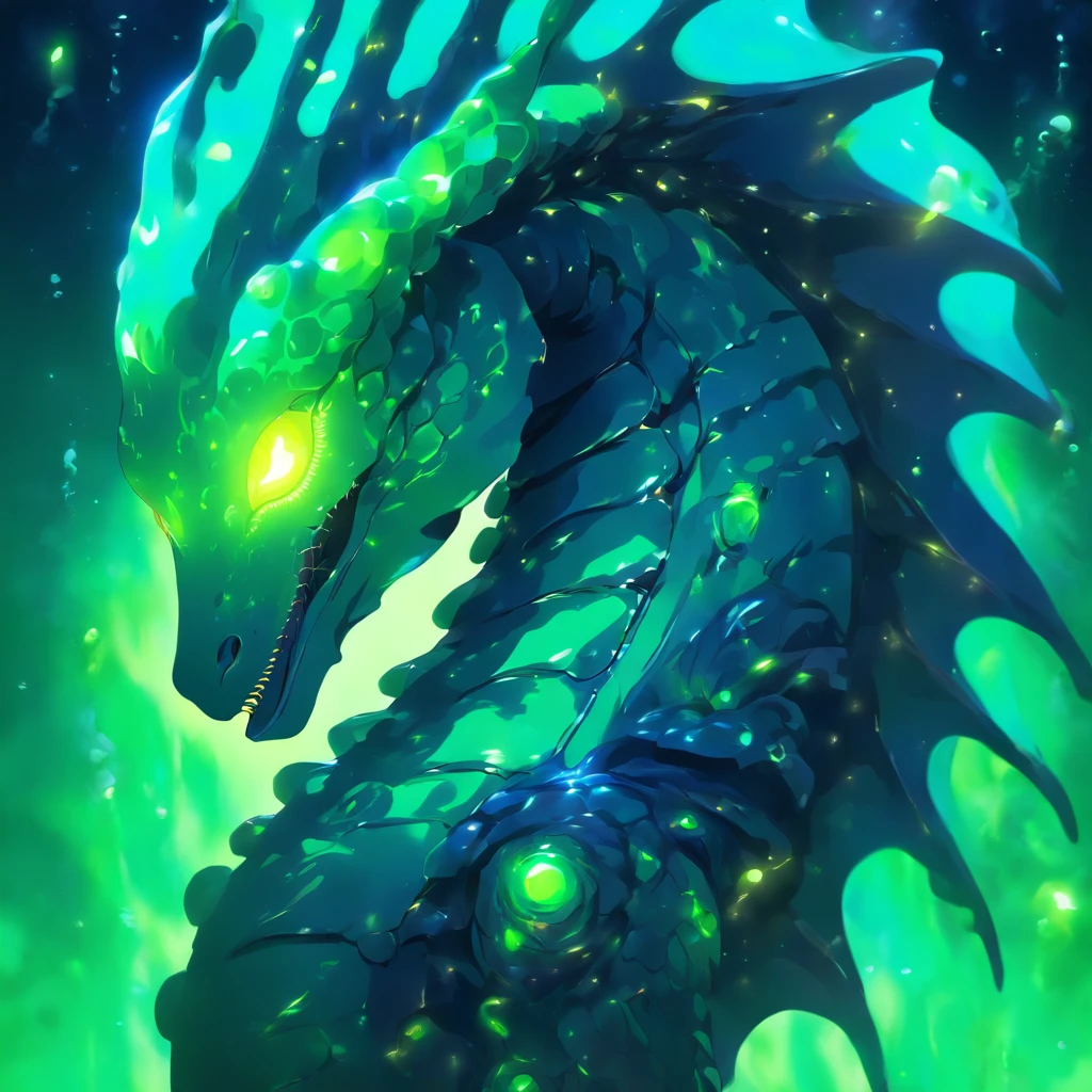 Alien Seahorse, Luminescent bright green in color, glowing yellow eyes, blue and dark blue alien armor, glowing green orbs of energy, Masterpiece, Best Quality