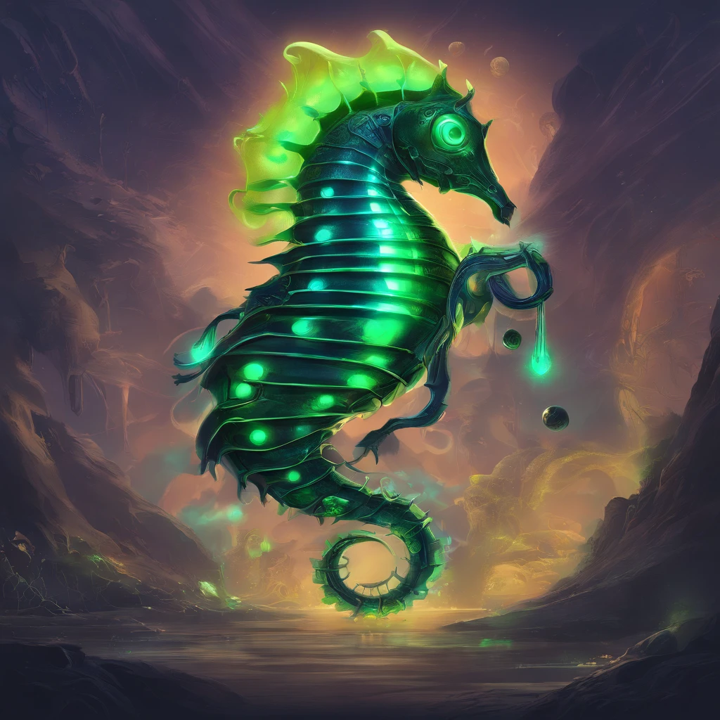 Alien Seahorse, Luminescent bright green in color, glowing yellow eyes, blue and dark blue alien armor, glowing green orbs of energy, Masterpiece, Best Quality
