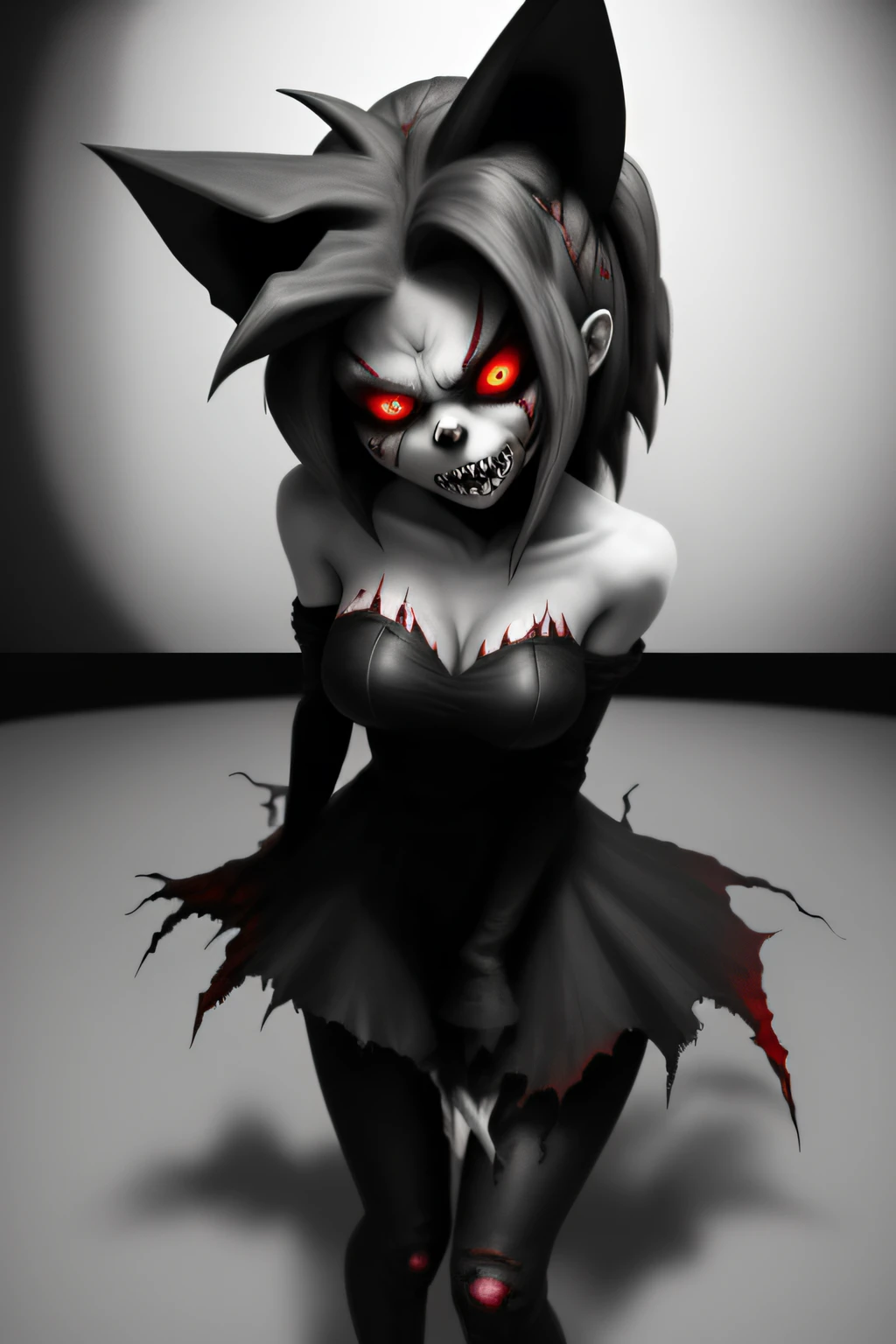 A hauntingly beautiful rendition of Amy Rose in the style of Sonic.exe, with a twisted smile, blood-red eyes, and jagged teeth. The artwork should capture her eerie presence, surrounded by a distorted and nightmarish landscape. The colors should be desaturated, with hints of dark red and black. The lighting should be dim, casting eerie shadows that enhance the sinister atmosphere. The artwork should be highly detailed, showcasing the dark side of Amy Rose's character