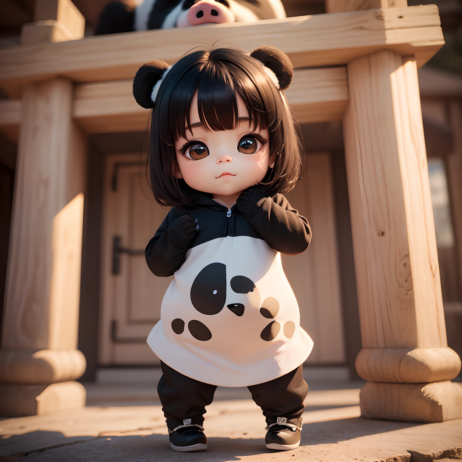 4K HD quality,Ultra-complex background,Exquisite facial details,A cute chubby little girl,Double bun and bangs,Wear a white panda hood,Very happy,baseball,full body shot shot