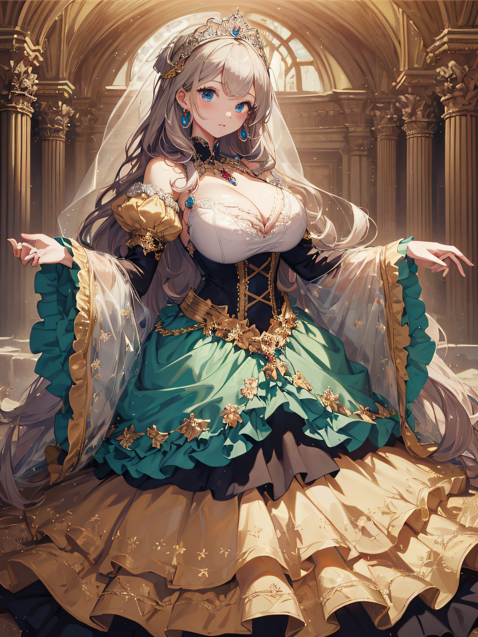 moe anime artstyle,Masterpiece,Best Quality,Super Detail,(Very Delicate and Beautiful),Solo,full body,((full body portrait)),absurdly gigantic tits,(((1 bling-bling princess in beautiful embroidery and jeweled gorgeous rococo ballgown with voluminous full length crinoline hoop skirt))),(((((absurdly gigantic tits,curvy))))),deep cleavage,Skindentation,((detailed face and eyes)),jewel-like eyes,((crinoline,long train,beautiful embroidery and jeweled lace-trimmed crinoline rococo ballgown with voluminous full length crinoline hoop skirt)),super detailed voluminous gorgeous jeweled rococo ballgown with voluminous full length crinoline hoop skirt,((bling-bling voluminous gorgeous jeweled rococo princess ballgown with voluminous full length crinoline hoop skirt)),((absurdly long Straight hair)),extremely gorgeous hair ornament,((extremely gorgeous big tiara)),luxurious jewelry,((beautiful embroidery and jeweled gorgeous rococo ballgown with voluminous full length crinoline hoop skirt)),(((absurdly gigantic tits))),((palace garden)),Looking at viewer,full body