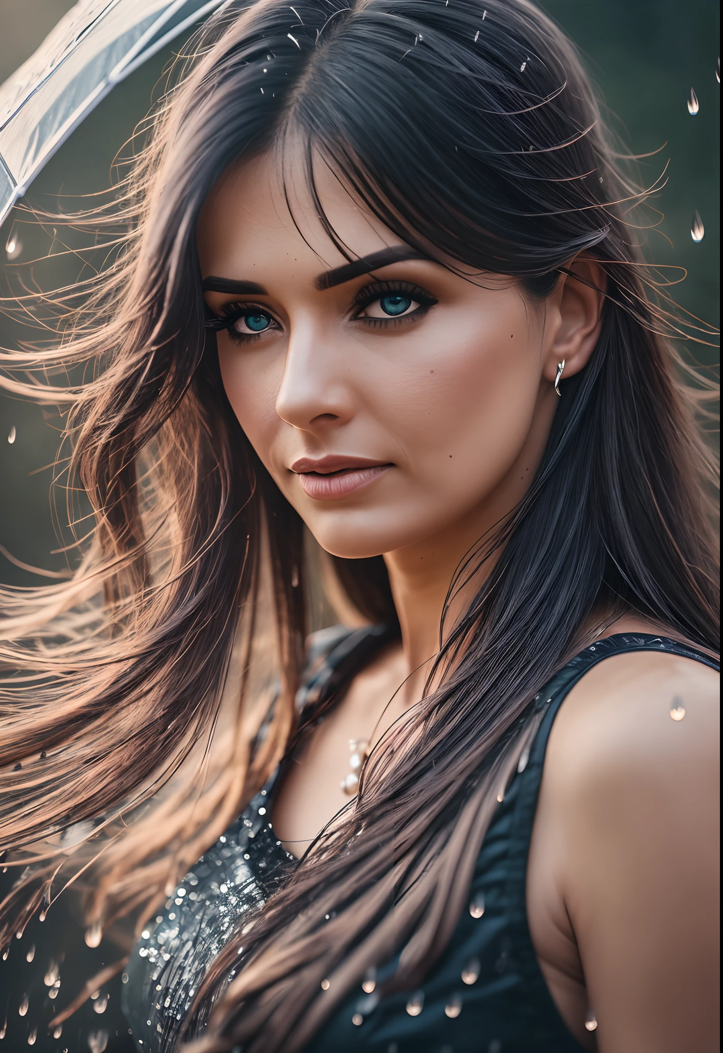 Hot mom in the rain, blue dark hair, long hair, confused, natural light, flares, dynamic, 200mm, depth of field, light effect, dramatic, extreme composition, realistic, intricate detail, cinematic shot, cinematic lighting, photography lighting, lightroom gallery, after effect, behance photography, professional photo --auto --s2