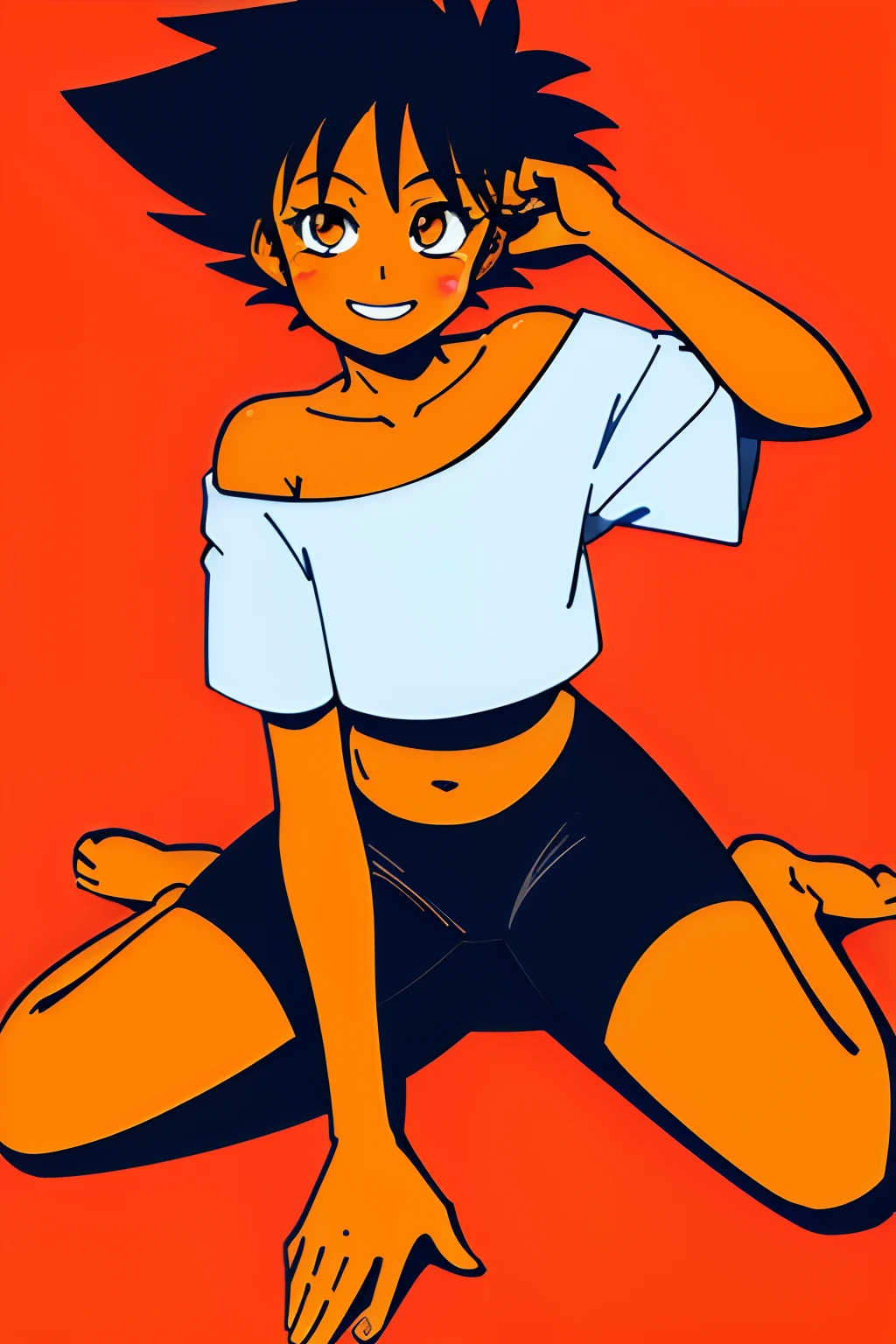 beautiful, masterpiece, simple background, best quality, Edward, tomboy, tan skin, orange hair, spiked hair, brown eyes, goggles on head, midriff, white shirt, loose shirt, off shoulder, barefoot, bike shorts, detailled image, colorfull, vibrant colors, simple background, detailed face, perfect lighting, pefect shadows, perfect eyes, perfect hands, perfect hair, pefect face, grin, solo, center focus, looking at viewer, navel, IvanFloro, small body, sitting on a couch, eyes half open, hands behind her head