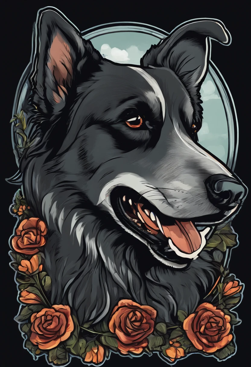 /imagine prompt: dog illustration for a sticker with a black background, in bold outline style, jagged edges, trashcore, light shading --v 5.2