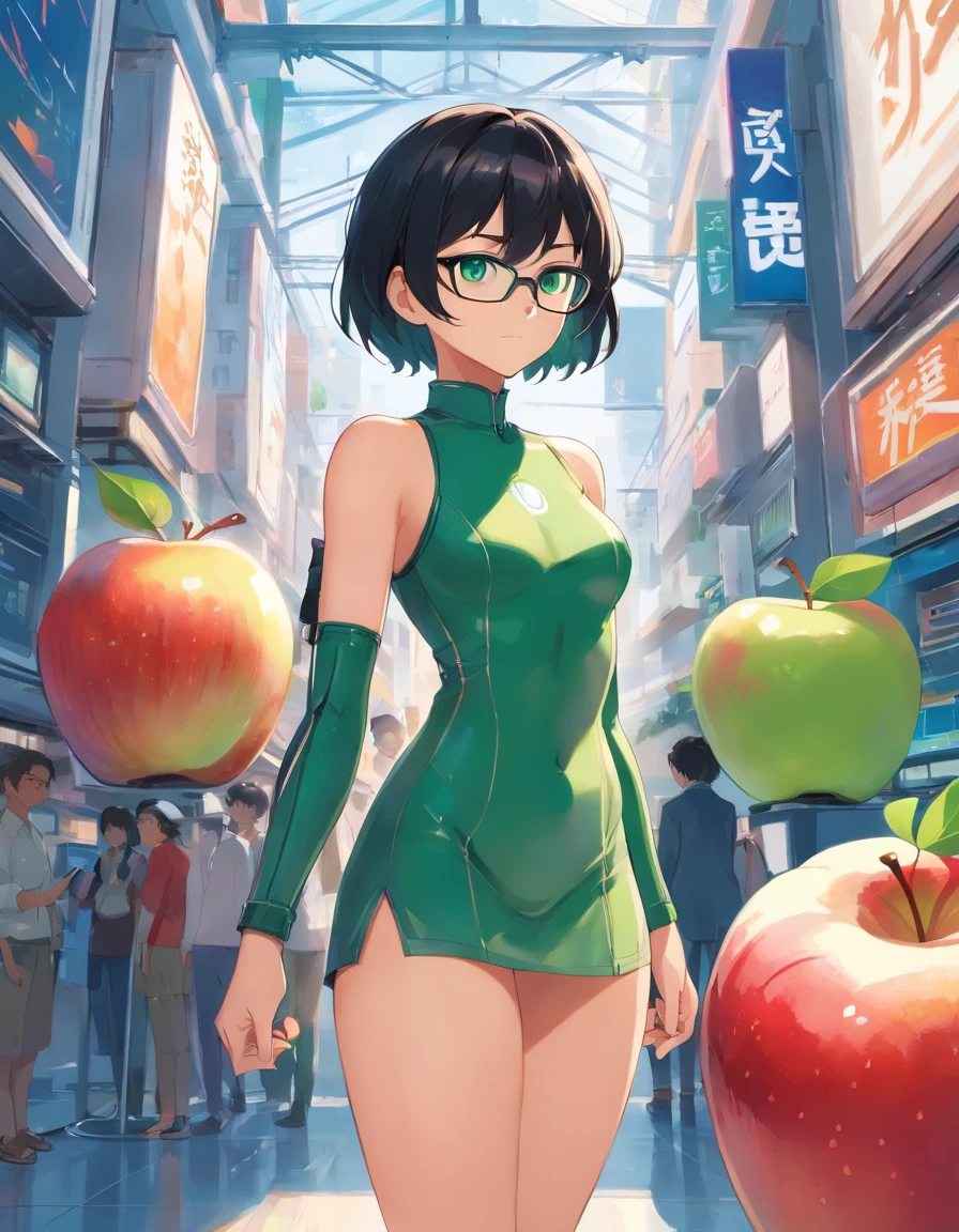 Hot girl, middle fingher with apple watch, short black hair, big green eyes, big glasses, ultra tight latex dress, camel toe visible