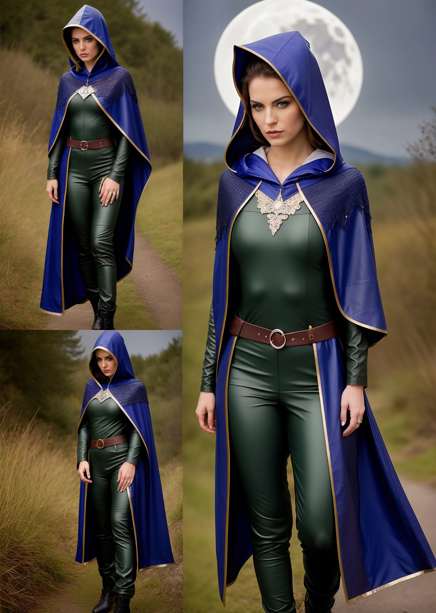 Elara Windshadow is a High Elf of stunning beauty. Her hair is long, silvery-white, and ethereal, cascading down to the middle of her back with a shimmer that resembles moonlight. Her eyes are deep emerald green, filled with wisdom and curiosity. She has an elegant and slender frame, with a fair, porcelain-like complexion. Her pointed elven ears and graceful features enhance her elven heritage.
She wears a ((deep green leather tunic and trousers)) that allow for ease of movement in combat, complemented by a ((royal blue hooded cloak held in place by a crescent moon-shaped silver clasp.)) Elara carries a pair of slender elven blades with intricate silver filigree on their hilts, and a polished darkwood longbow on her back. Around her neck, she wears a mithril chain with a sapphire pendant, and a leather belt with pouches for her adventuring necessities.