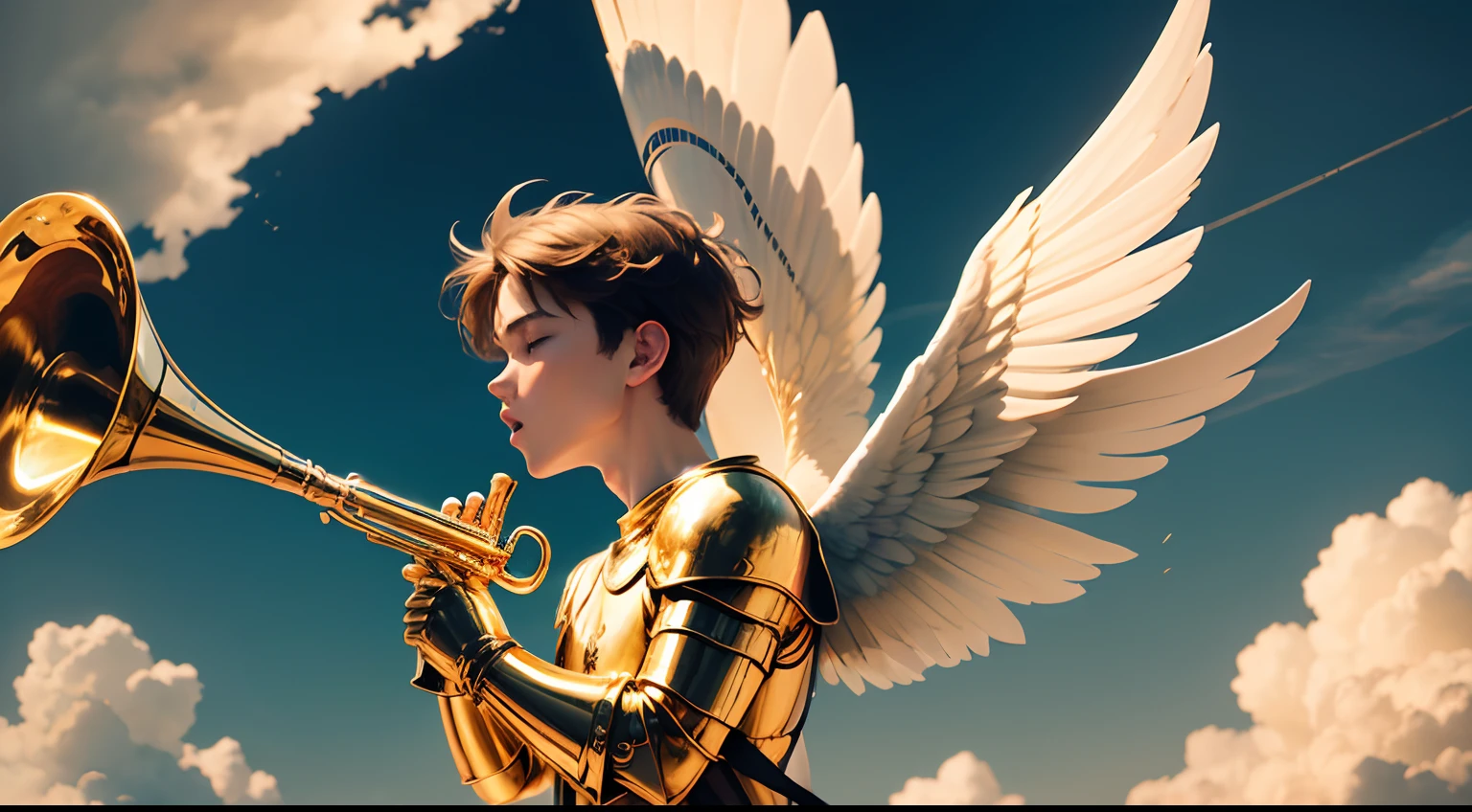 an angel wearing golden armor flying in the skies as he blows his trumpet;