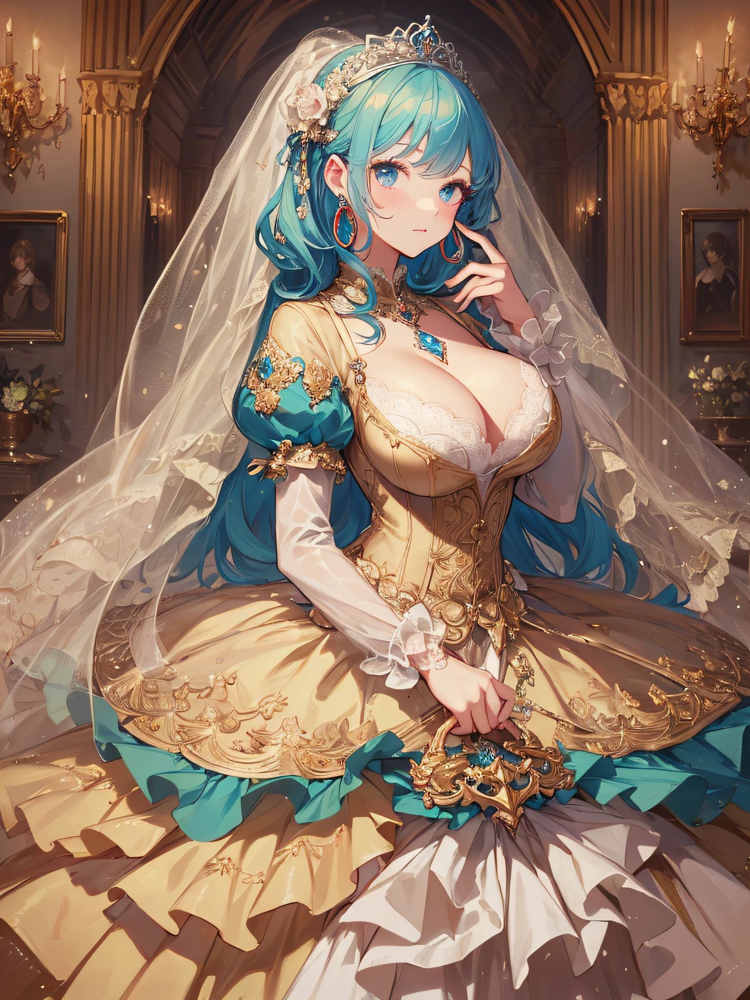 ((anime artstyle)),(Masterpiece),(Best Quality), (Super Detail),((Very Delicate and Beautiful)),cinematic lighting,1 girl,(((full body portrait))),standing in palace,((solo)),digital art,(((1 princess in gorgeous princess rococo ballgown with voluminous full length hoop skirt))),crinoline,long train,((beautiful embroidery and jeweled)),voluminous frills,See-through,(gorgeous embroidery and beautiful lace),(((gigantic tits,skindentation))),((large amount of straight hair,extremely voluminous Hair,Very Long Straight Hair)),((finely detailed face and eyes)),clear pupil,extremely gorgeousfull hair ornament,(bling-bling jeweled extremely gorgeousfull tiara),(bling-bling gorgeous gemstone jewelry),long veil,(beautiful background),full body,((gorgeous princess rococo ballgown with voluminous full length hoop skirt))
