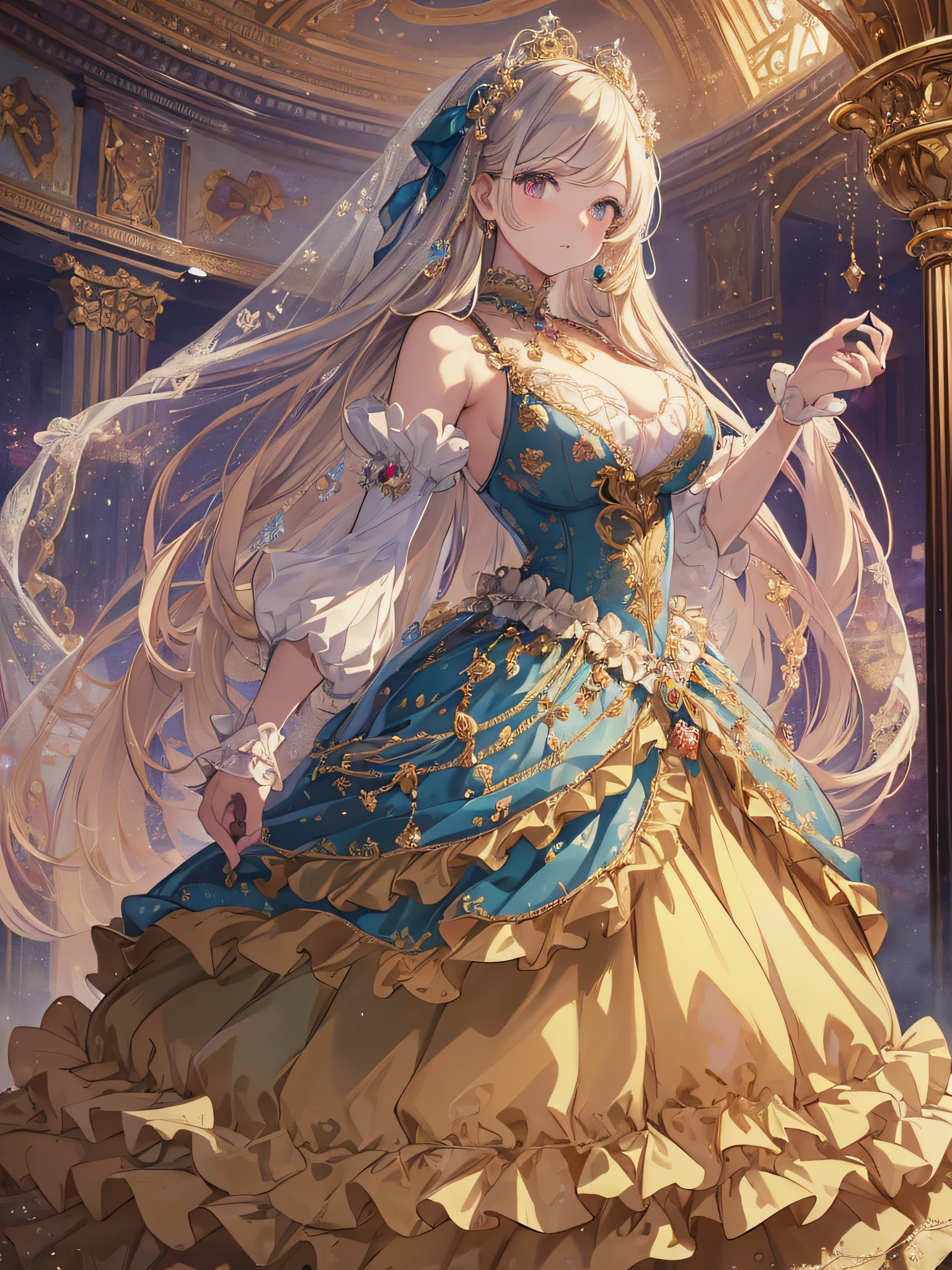 (masterpiece, best quality,extremely detailed,moe anime art style:1.1),1girl, ((solo)), cute, kawaii,digital art,((1 bling-bling anime princess wearing beautiful embroidery and jeweled ruffled gorgeous princess ballgown with voluminous full length hoop skirt)),((crinoline)),long train,voluminous frills,(gorgeous embroidery and beautiful lace),(very gigantic boobs,cleavage,skindentation),((shiny hair,very long straight hair)),((finely detailed face and eyes)),clear pupil,extremely gorgeousfull hair ornament,(bling-bling jeweled extremely gorgeousfull tiara),((bling-bling gorgeous gemstone jewelry)),long veil,((beautiful background,fantasy)),flowers,flower petals flowing,full body,looking away,((beautiful embroidery and jeweled ruffled gorgeous princess ballgown with voluminous full length hoop skirt))