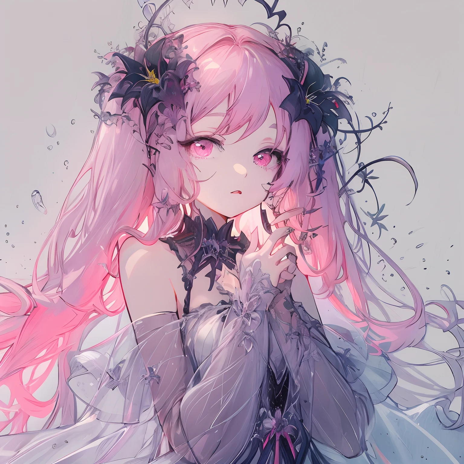 Anime vampire girl,long pink hair,multi coloured hair,detailed hair, silver eyes,sparkle eye,highly detailed eye,holding black Lily bouquet,detailed flowers,white cute dress,Anime vampire girl in cute dress,elegant and delicate, detailed artwork, highest quality artwork,high resolution ,sorrowful face,highly detailed face,best quality