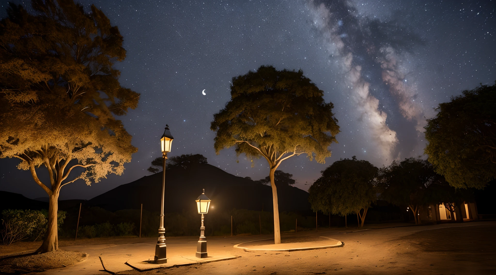 Noite misteriosa, an antique lamp post, Dry trees, gato preto em cima da árvore seca encarando a lua crescente 🌙 🐈⬛🌌 estilo sombrio, contos de fantasia, noite estrelada ((Black cat on dry tree)) ((tree branches)) (darkness)) (mystery) (sombrio) (Cat facing the moon on top of a dry tree)