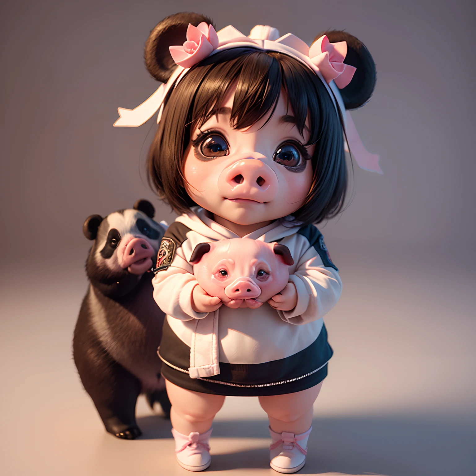 masterpiece、top-quality、ultra-detailliert、(Chibi Panda's Daughter:1.2)(Pig ears and pig nose:1.2)Features charming chibi animations of cute pandas,(Chibi 3D): 1.3, (A detailed face:1.2), (Standing posture:1.1), Randomly generated backgrounds,Jumping