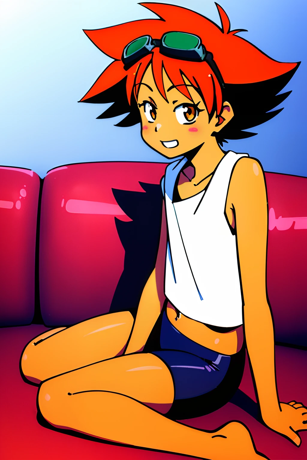 beautiful, masterpiece, simple background, best quality, Edward, tomboy, tan skin, orange hair, spiked hair, brown eyes, goggles on head, midriff, white shirt, loose shirt, off shoulder, barefoot, bike shorts, detailled image, colorfull, vibrant colors, simple background, detailed face, perfect lighting, pefect shadows, perfect eyes, perfect hands, perfect hair, pefect face, grin, solo, center focus, looking at viewer, navel, IvanFloro, small body, sitting on a couch, eyes half open, both hands behind her head