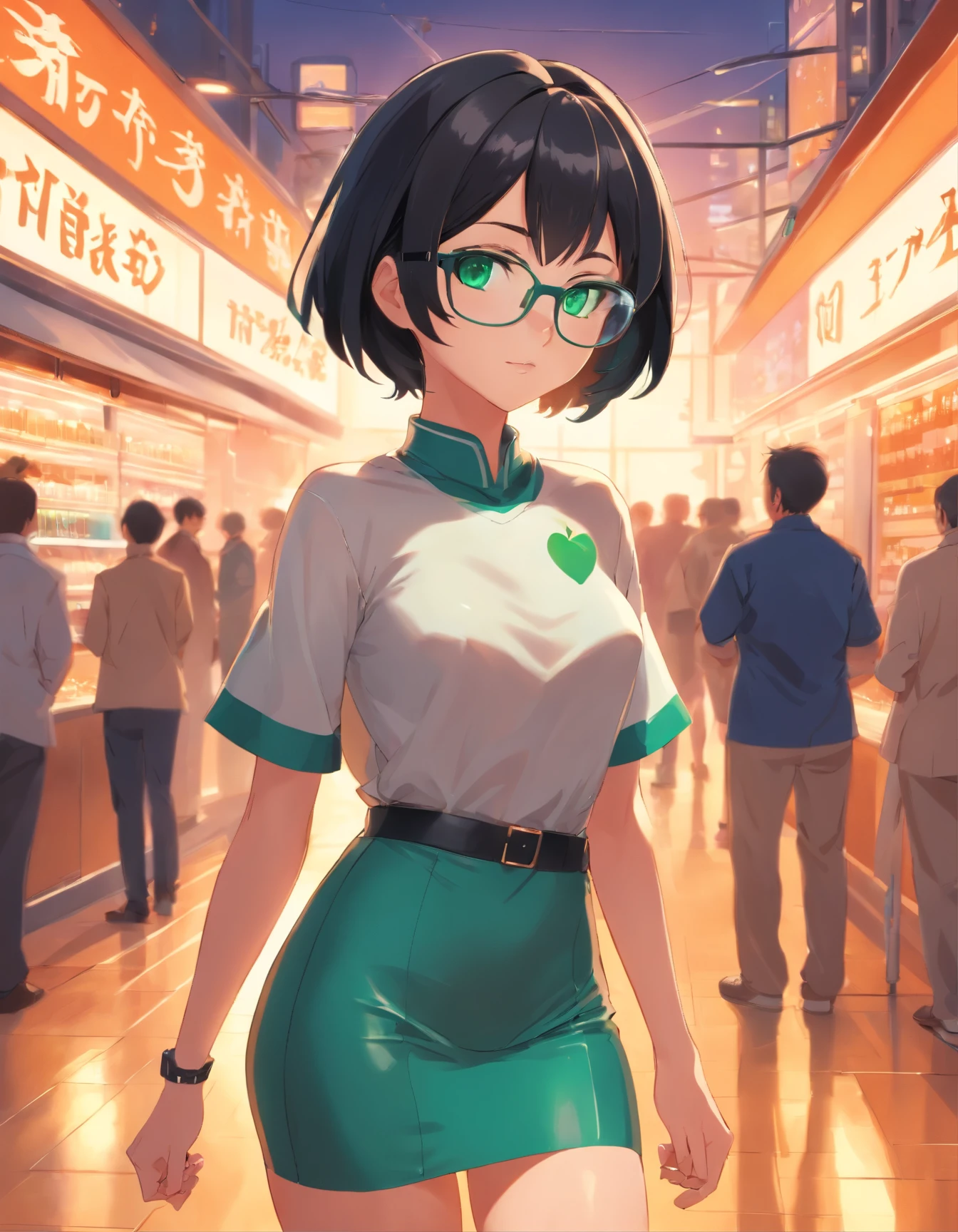 Hot girl, middle fingher with apple watch, short black hair, big green eyes, big glasses, ultra tight latex dress, camel toe visible