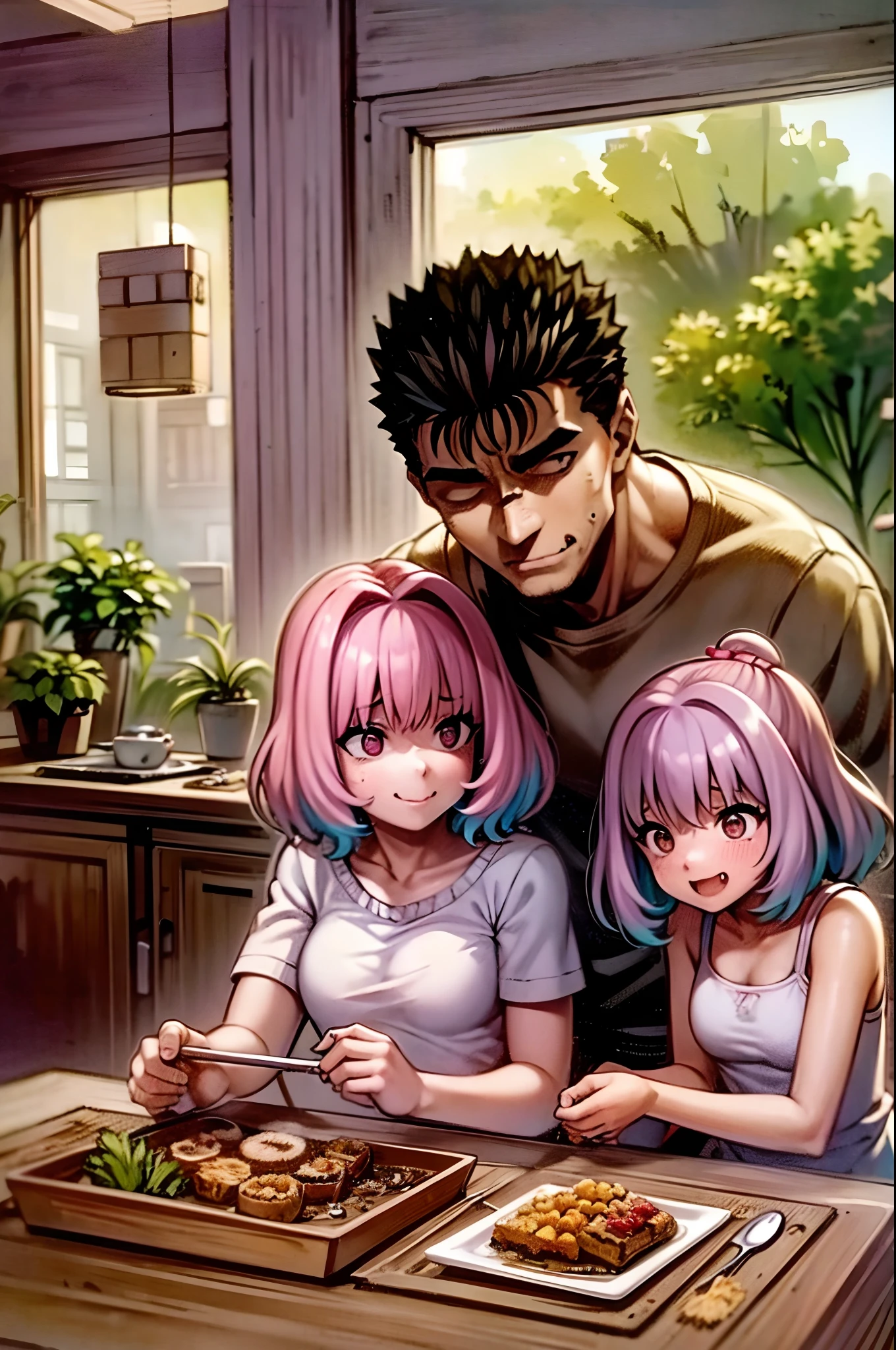 riamu yumemi,guts,couple,husband and wife,riamu motherly,house wife,cooking,mother and son,children,family,happy,(best quality,4k,8k,highres,masterpiece:1.2),ultra-detailed,(photo1.37),joyful,loving,embrace,adorable,cheerful,blissful,togetherness,warmth,smiles,vibrant colors,sunshine,beautifully lit,cosy home,harmonious,family bond,making memories,satisfying meal,homemade food,laughter,motherly affection,playful kids,herb garden,spacious kitchen,life's small joys,dreamy,wholesome,carefree,affectionate gaze,authentic moments,harmony of love and simplicity,unconditional love,tranquil,heartwarming,captured memories,cherished moments,intergenerational love,endless laughter,tight-knit,fond memories,blessed family,treasuring time together,priceless happiness