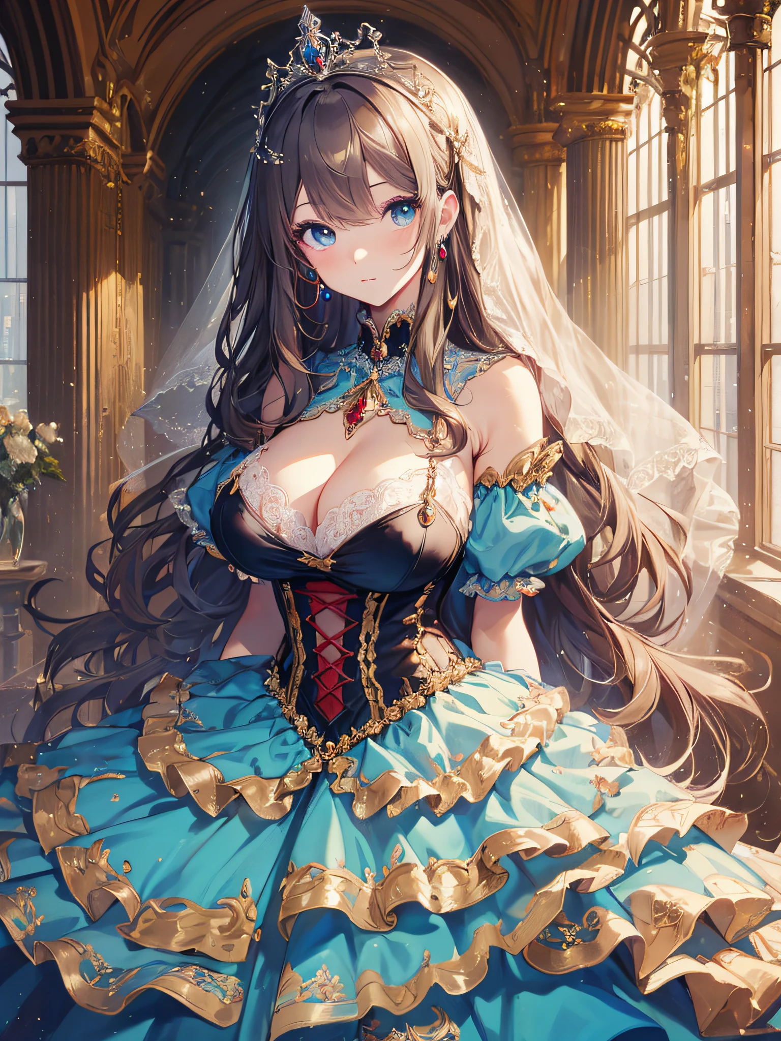 ((anime artstyle)),(Masterpiece),(Best Quality), (Super Detail),((Very Delicate and Beautiful)),cinematic lighting,1 girl,(((full body portrait))),standing in palace,((solo)),digital art,(((1 princess in gorgeous princess rococo ballgown with voluminous full length hoop skirt))),crinoline,long train,((beautiful embroidery and jeweled)),voluminous frills,See-through,(gorgeous embroidery and beautiful lace),(((gigantic tits,skindentation))),((large amount of straight hair,extremely voluminous Hair,Very Long Straight Hair)),((finely detailed face and eyes)),clear pupil,extremely gorgeousfull hair ornament,(bling-bling jeweled extremely gorgeousfull tiara),(bling-bling gorgeous gemstone jewelry),long veil,(beautiful background),full body,((gorgeous princess rococo ballgown with voluminous full length hoop skirt))