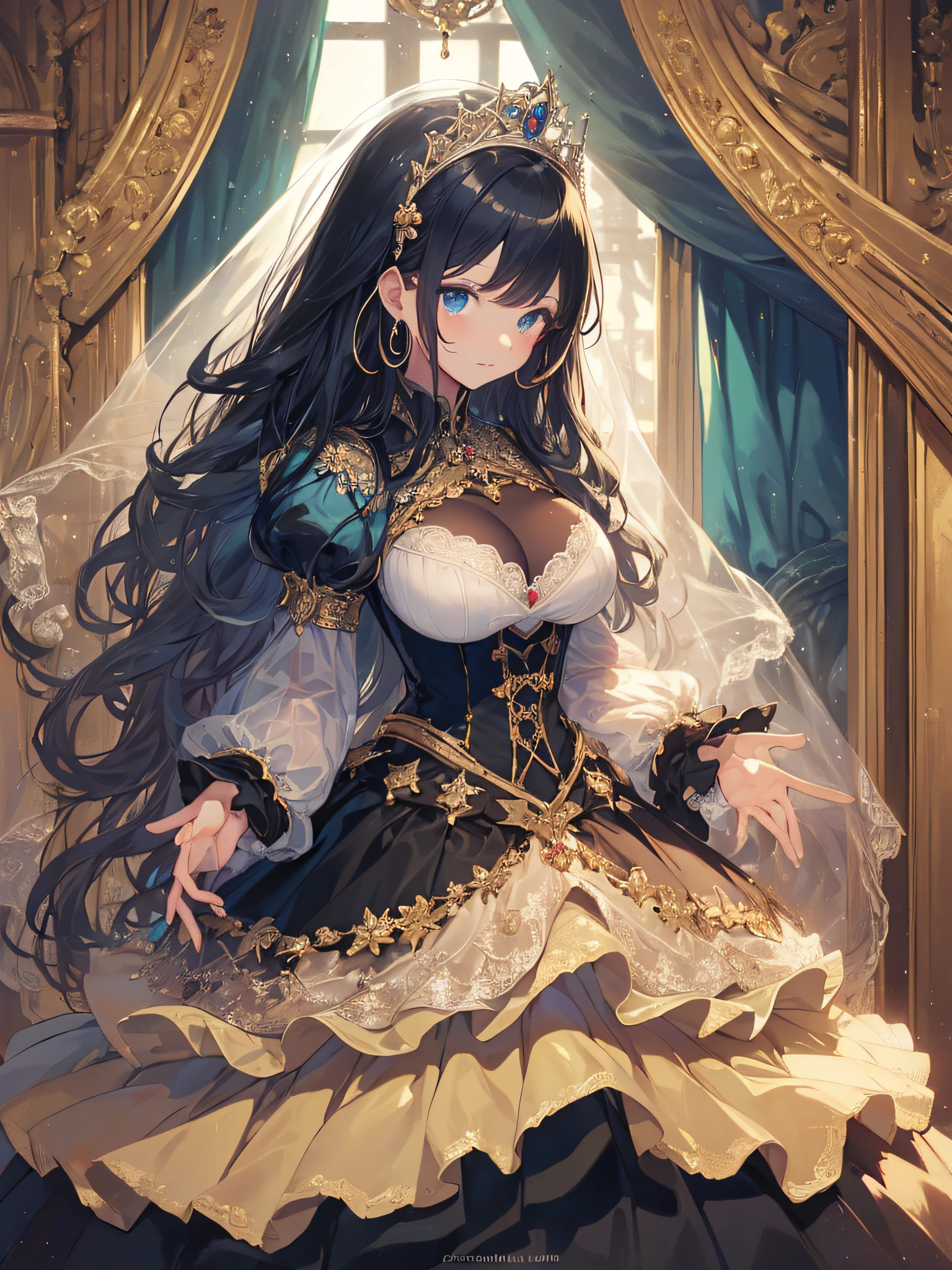 ((anime artstyle)),(Masterpiece),(Best Quality), (Super Detail),((Very Delicate and Beautiful)),cinematic lighting,1 girl,(((full body portrait))),standing in palace,((solo)),digital art,(((1 princess in gorgeous princess rococo ballgown with voluminous full length hoop skirt))),crinoline,long train,((beautiful embroidery and jeweled)),voluminous frills,See-through,(gorgeous embroidery and beautiful lace),(((gigantic tits,skindentation))),((large amount of straight hair,extremely voluminous Hair,Very Long Straight Hair)),((finely detailed face and eyes)),clear pupil,extremely gorgeousfull hair ornament,(bling-bling jeweled extremely gorgeousfull tiara),(bling-bling gorgeous gemstone jewelry),long veil,(beautiful background),full body,((gorgeous princess rococo ballgown with voluminous full length hoop skirt))