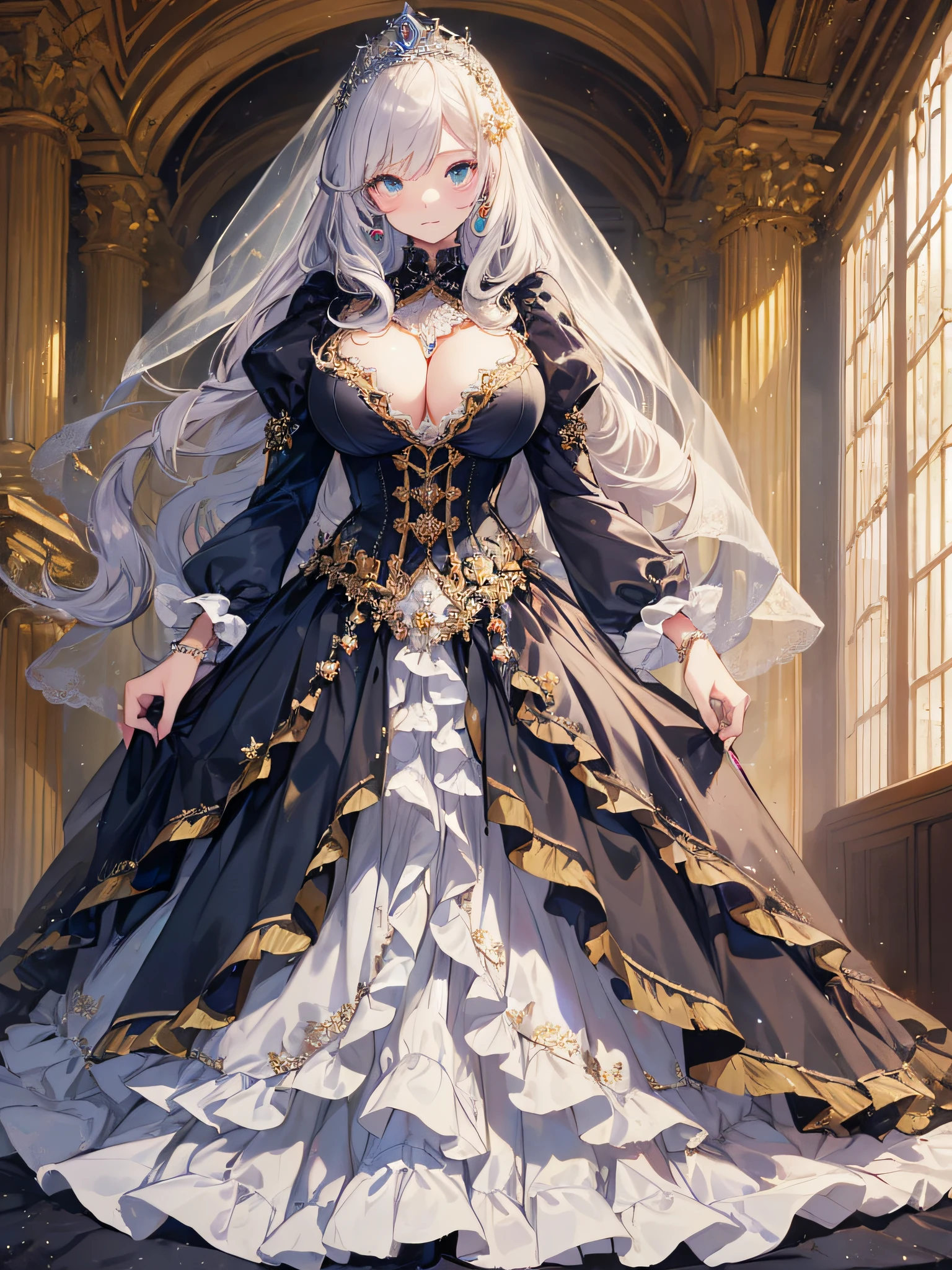 ((anime artstyle)),(Masterpiece),(Best Quality), (Super Detail),((Very Delicate and Beautiful)),cinematic lighting,1 girl,(((full body portrait))),standing in palace,((solo)),digital art,(((1 princess in gorgeous princess rococo ballgown with voluminous full length hoop skirt))),crinoline,long train,((beautiful embroidery and jeweled)),voluminous frills,See-through,(gorgeous embroidery and beautiful lace),(((gigantic tits,skindentation))),((large amount of straight hair,extremely voluminous Hair,Very Long Straight Hair)),((finely detailed face and eyes)),clear pupil,extremely gorgeousfull hair ornament,(bling-bling jeweled extremely gorgeousfull tiara),(bling-bling gorgeous gemstone jewelry),long veil,(beautiful background),full body,((gorgeous princess rococo ballgown with voluminous full length hoop skirt))