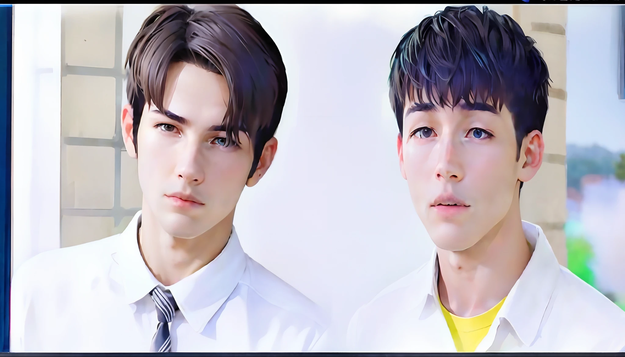 (Un joven con cabello gris plateado, Los ojos grises en el fondo parecen un pueblo, and the green mist of the mountains and clouds come down from the beautiful age sky) viste de azul es masculino con cabello color plateado ojos grises