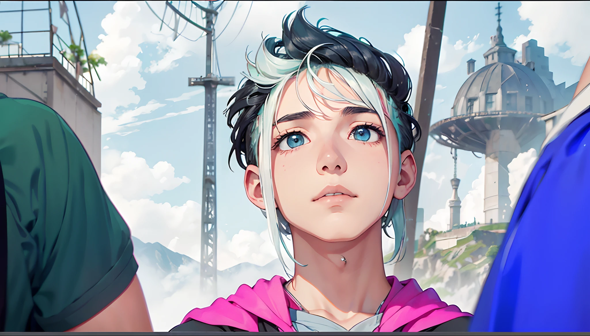 (Un joven con cabello gris plateado, Los ojos grises en el fondo parecen un pueblo, and the green mist of the mountains and clouds come down from the beautiful age sky) viste de azul es masculino con cabello color plateado ojos grises