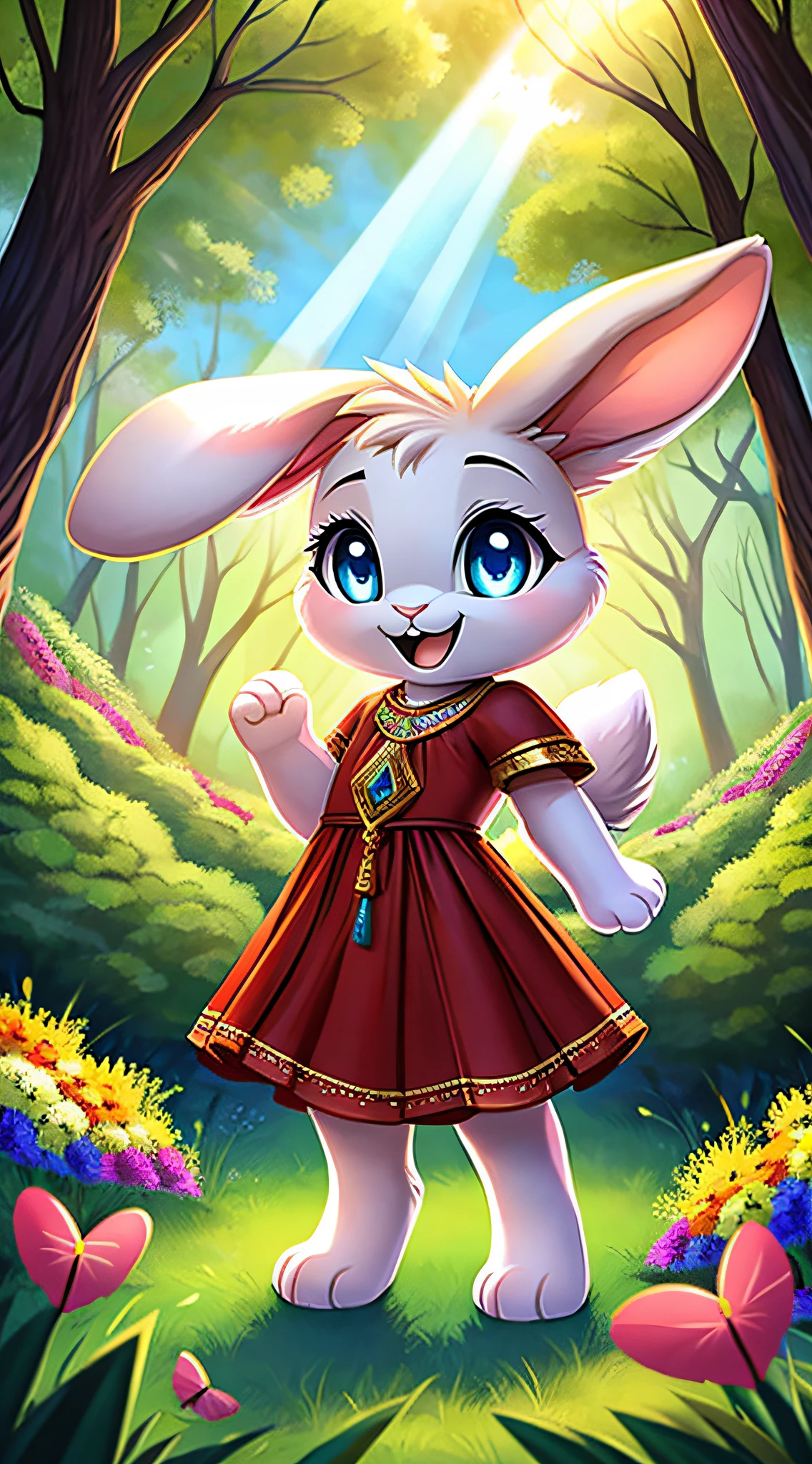 zoomed out image, fantasy style art, cute, adorable, short, tiny, little fluffy female white bunny with blue eyes, 2 extra ears, 4 ears, big floppy ears, long ears, ears perked up, raised ears, long eyelashes, poofy rabbit tail, smiling, standing on two hind feet, standing in a forest, wearing a red frilly dress, big expressive smile, open mouth, wide eyes, excited eyes, excited face, stunning visuals, sunlight coming through the trees, colorful flowers scattered in the bushes, colorful butterflies flying around, digital illustration