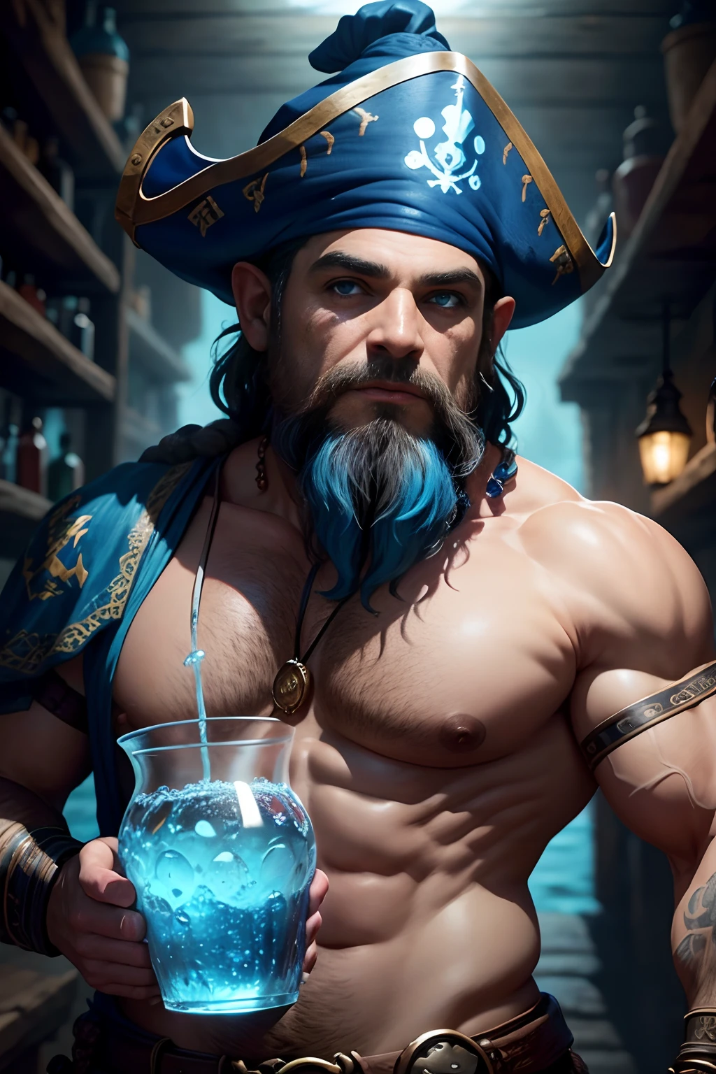 Pirate dwarf who owns a tavern, Ele tem um olho azul que brilha como as criaturas do mar profundo e uma barba grisalha bem cuidada e cabelos grisalhos desgrenhados