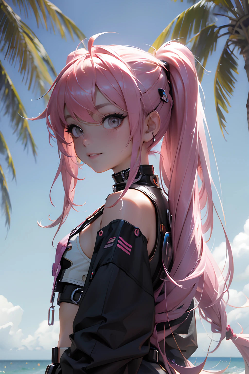 Beautiful woman pink twin tail long hair、cyberpunk style short clothes、gazing at viewer、front facing、A slight smil、sea side、Palm trees