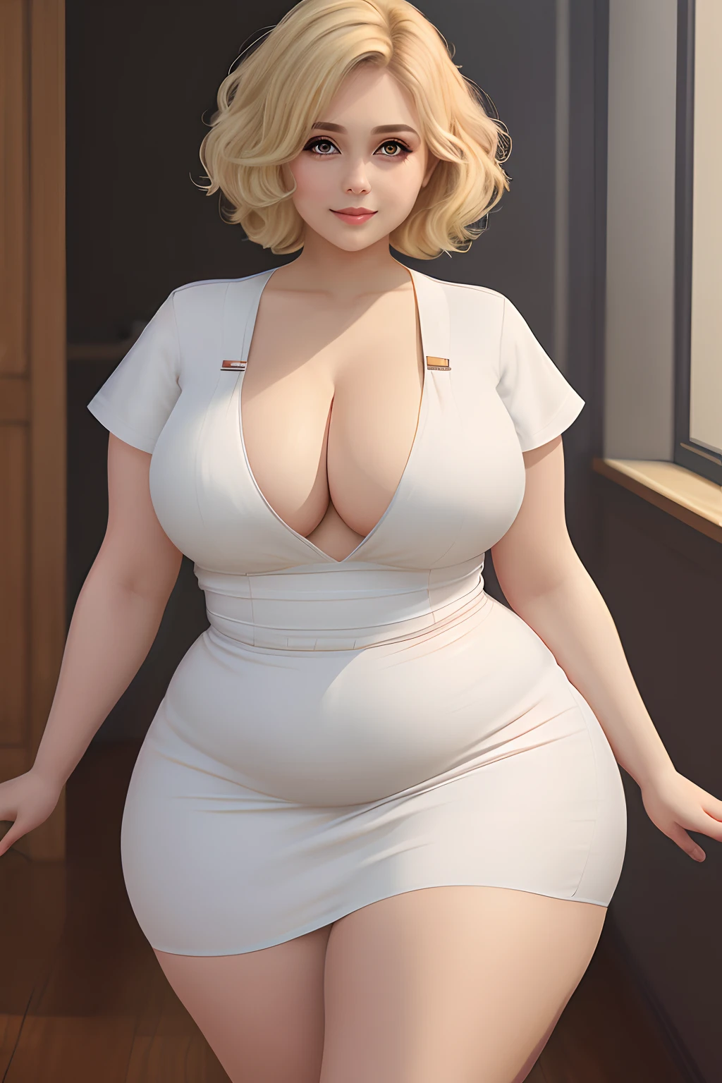 masterpiece, best quality, photorealistic, solo, (detailed eyes:0.9), nurse, cute beautiful face, plump face, young, very chubby, +20kg, curvy, very chubby belly, fat rolls, belly rolls, tight white dress, love handles, sexy, muffin top, blonde short hair, curvy hair, thunder thighs, got fat, fatty