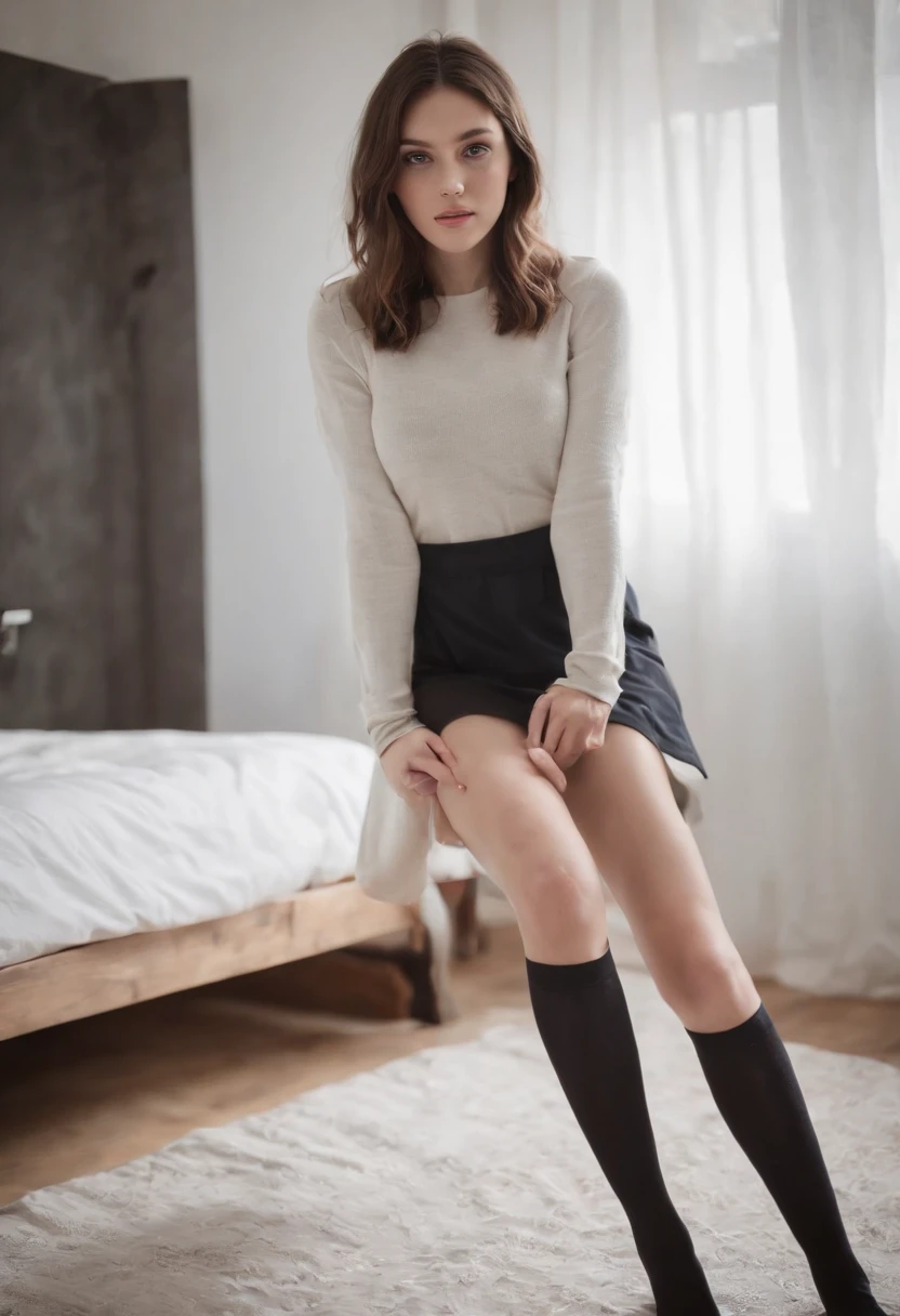 araffe sitting on a bed with a pair of socks on it, knee high socks, wearing kneesocks, sitting on her bed, black teenage girl, sitting on the bed, sitting in her room, sitting on a bed, photo of a model, high soles, mid morning lighting, overknee socks, thigh high socks, laying back on the bed